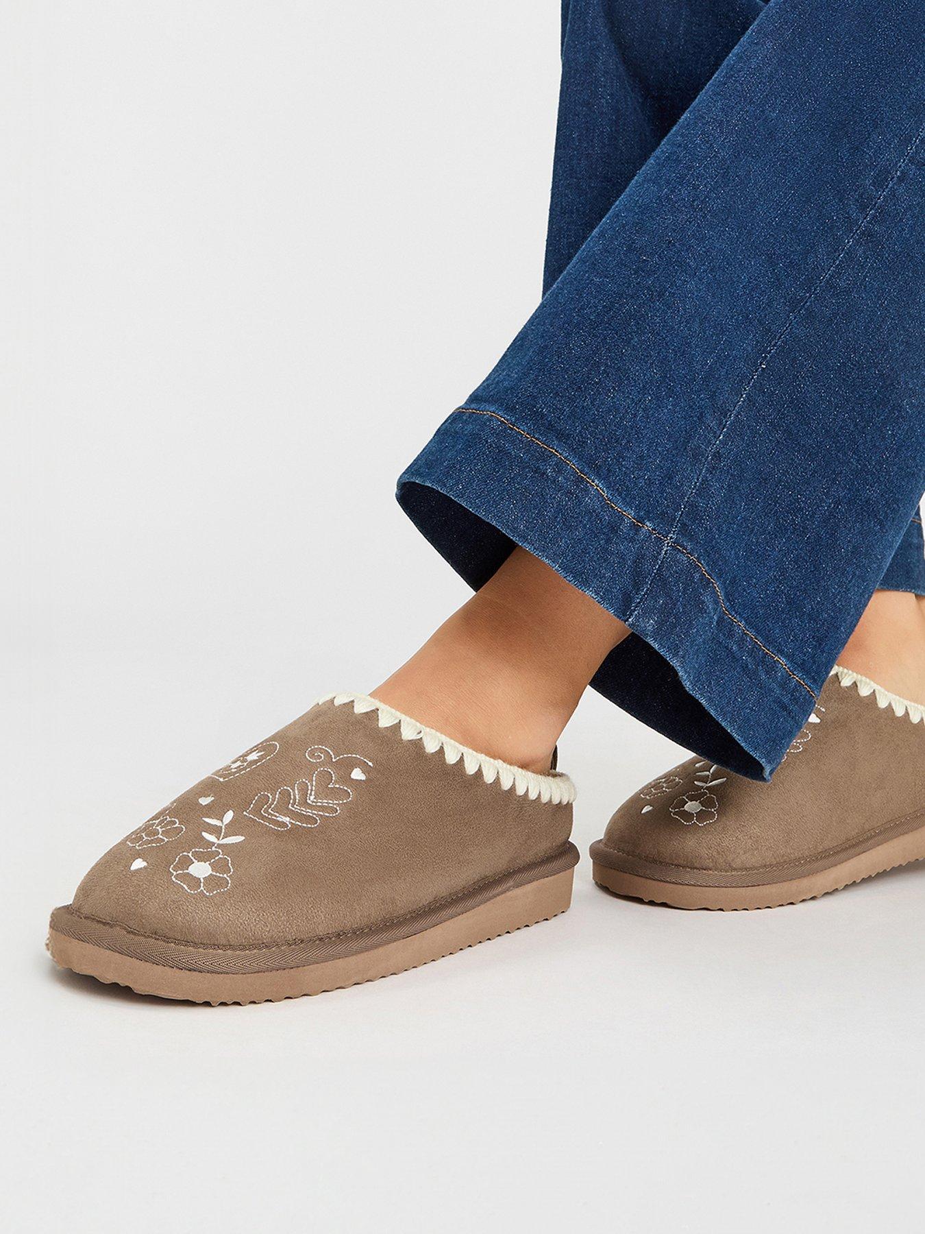 Image 4 of 4 of Accessorize Heart Embroidered Mule Slippers - Brown