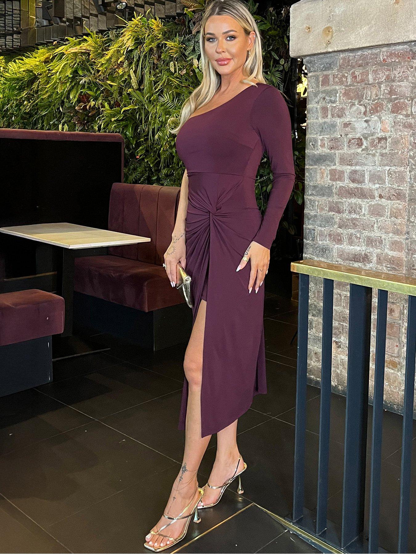 Image 4 of 4 of AX Paris One Sleeve Knot Skirt Midi Dress - Purple