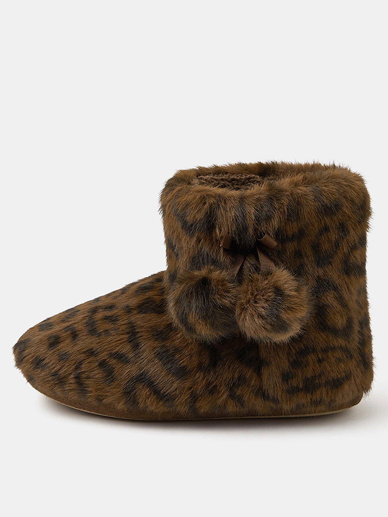 Accessorize Fluffy Leopard Slipper Boots - Brown