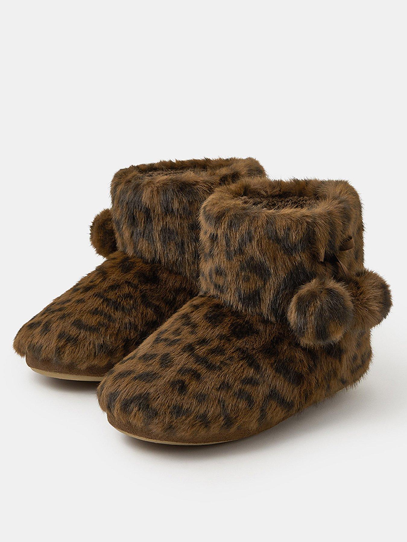  image of accessorize-fluffy-leopard-slipper-boots-brown