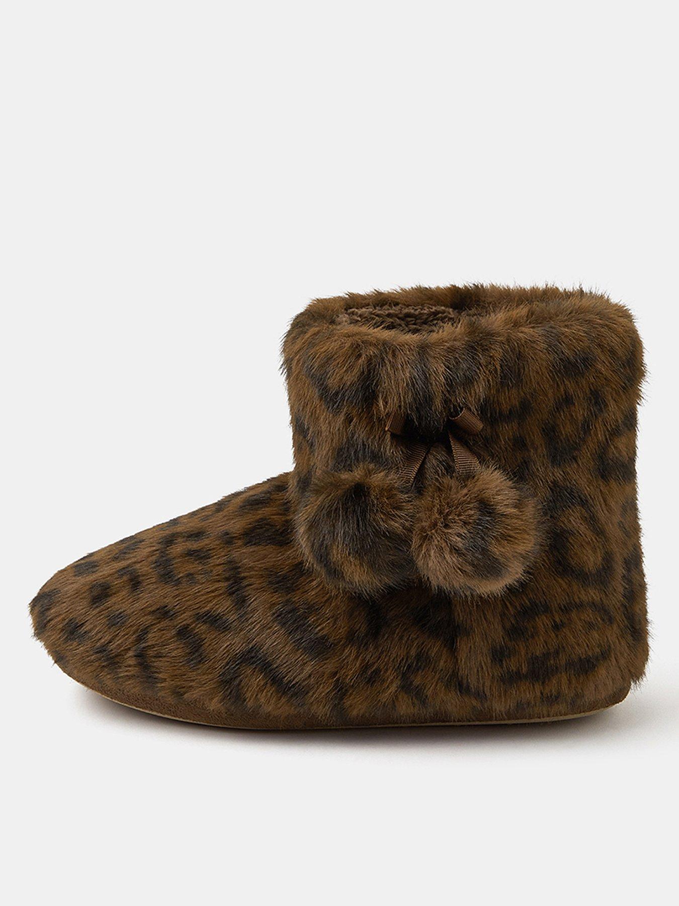  image of accessorize-fluffy-leopard-slipper-boots-brown