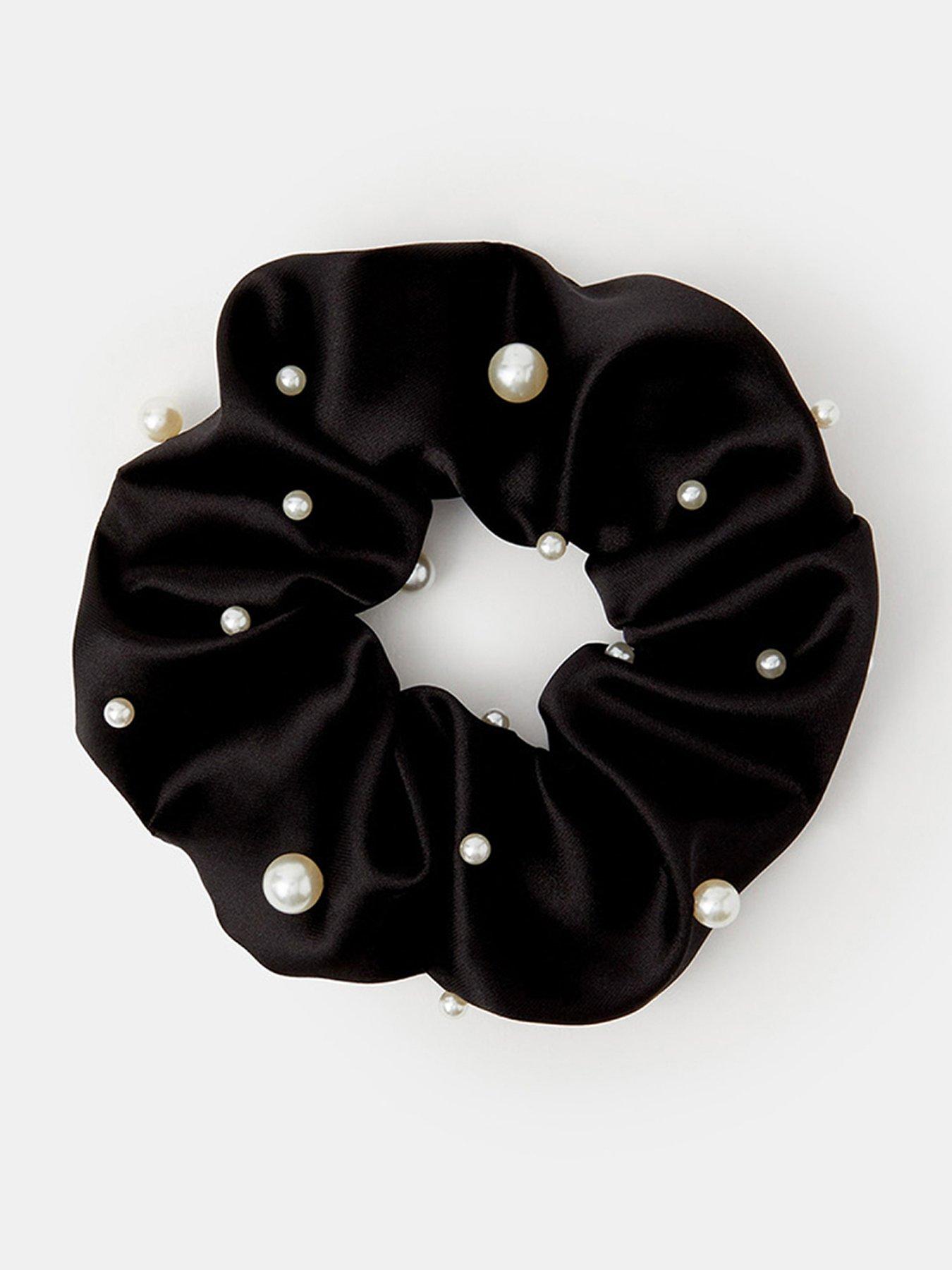 Accessorize Pearl Satin Hair Scrunchie - Black