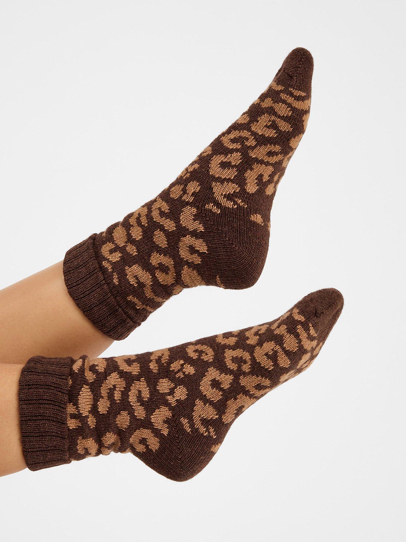  image of accessorize-leopard-print-knit-socks-brown
