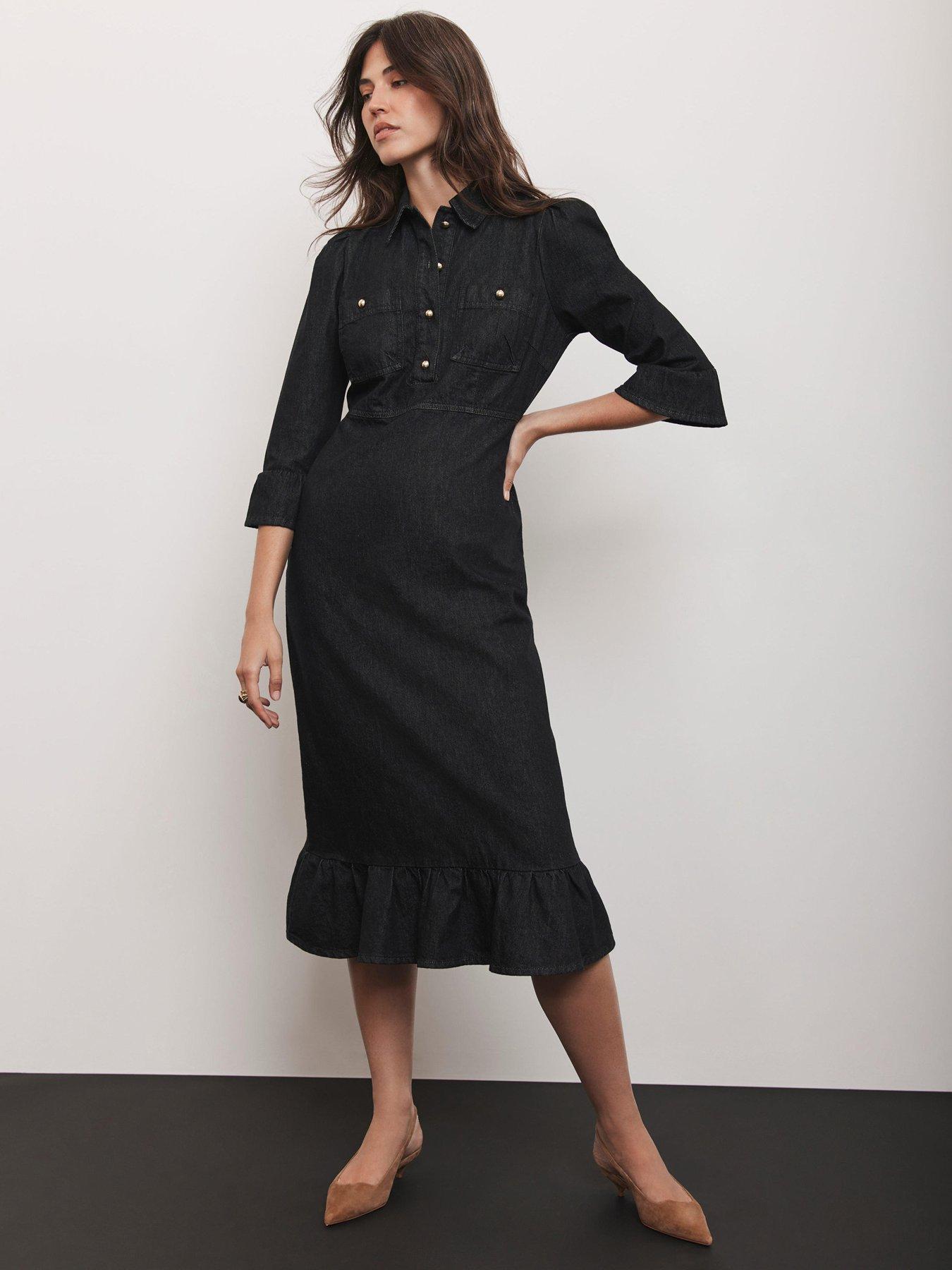 Image 1 of 6 of Mint Velvet Frill Denim Midi Dress - Black