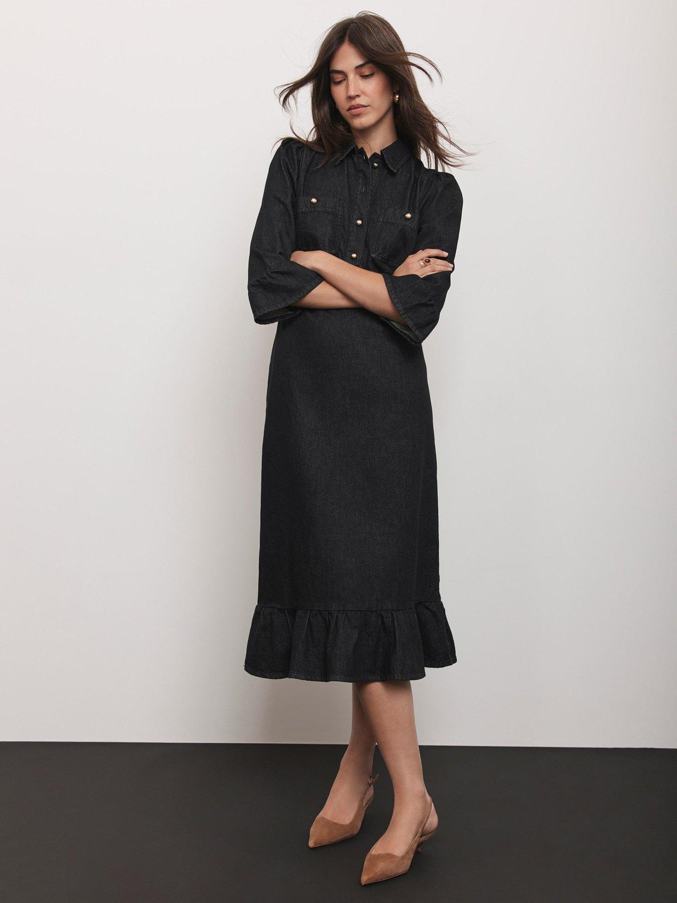 Image 3 of 6 of Mint Velvet Frill Denim Midi Dress - Black