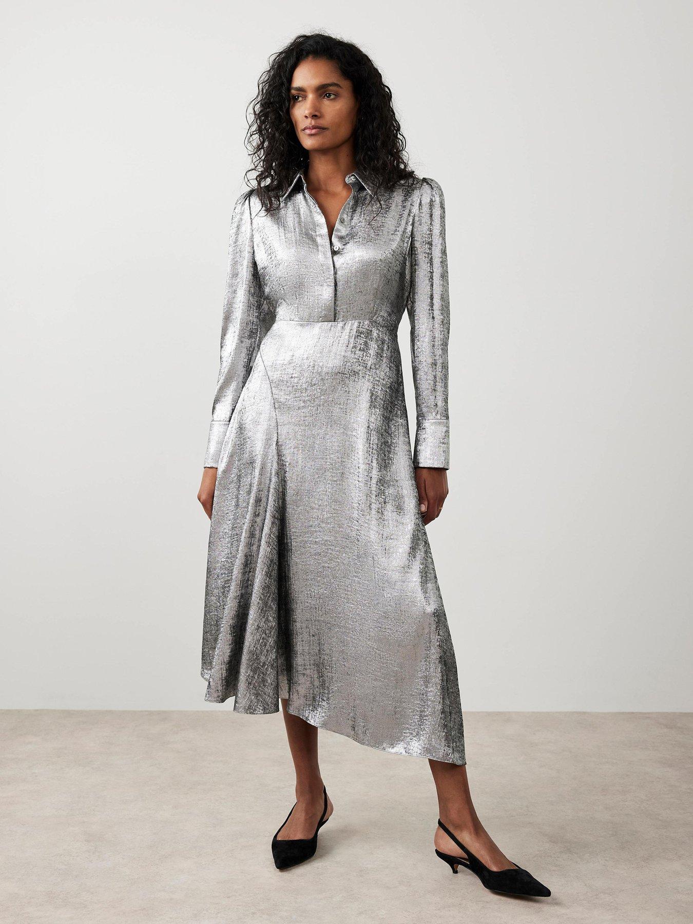 Image 1 of 6 of Mint Velvet Metallic Shirt Dress - Silver