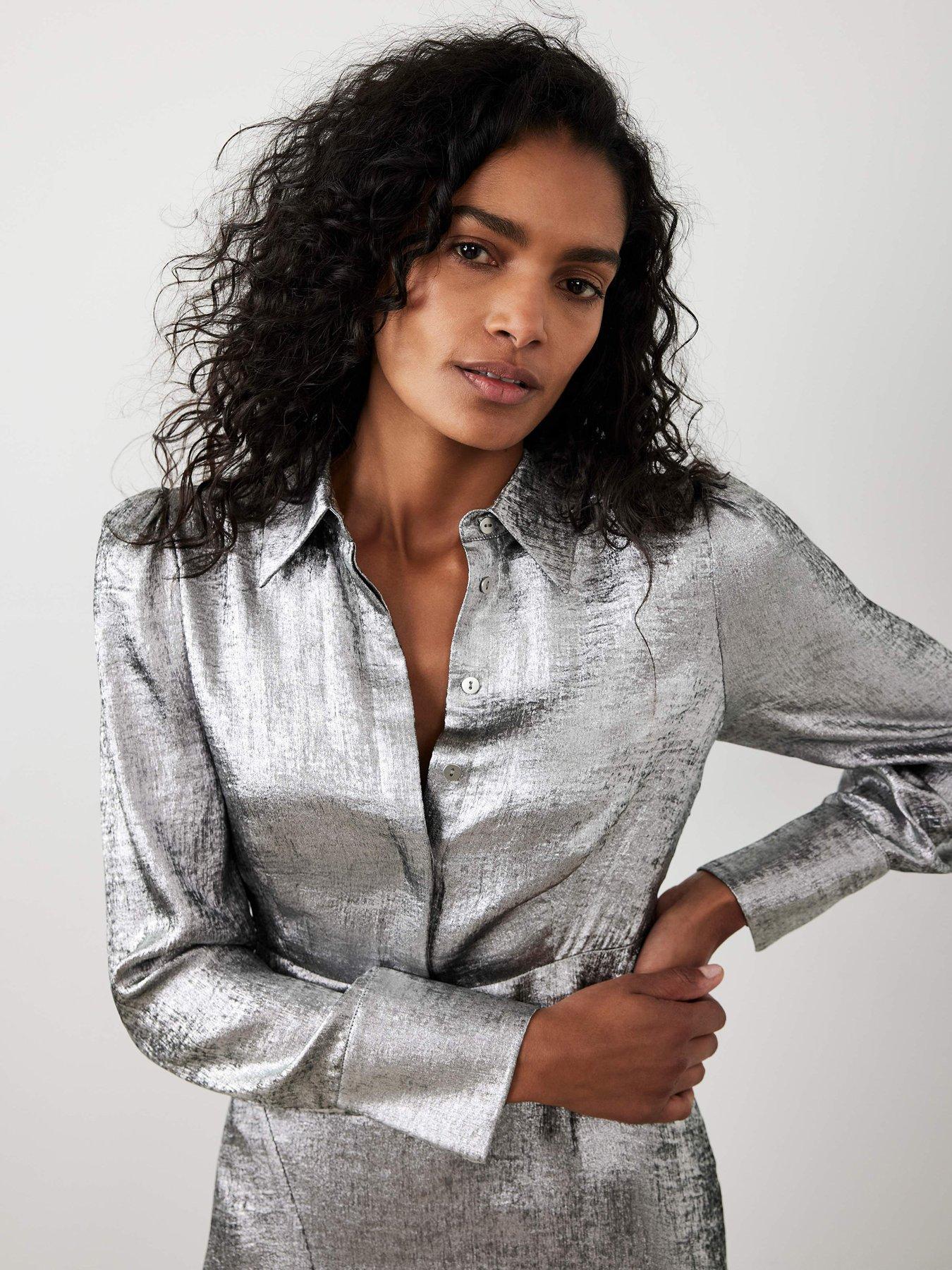 Image 3 of 6 of Mint Velvet Metallic Shirt Dress - Silver