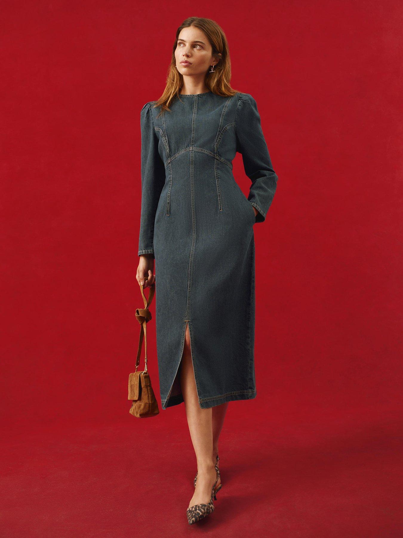 Mint Velvet Seam Detail Column Denim Dress - Blue