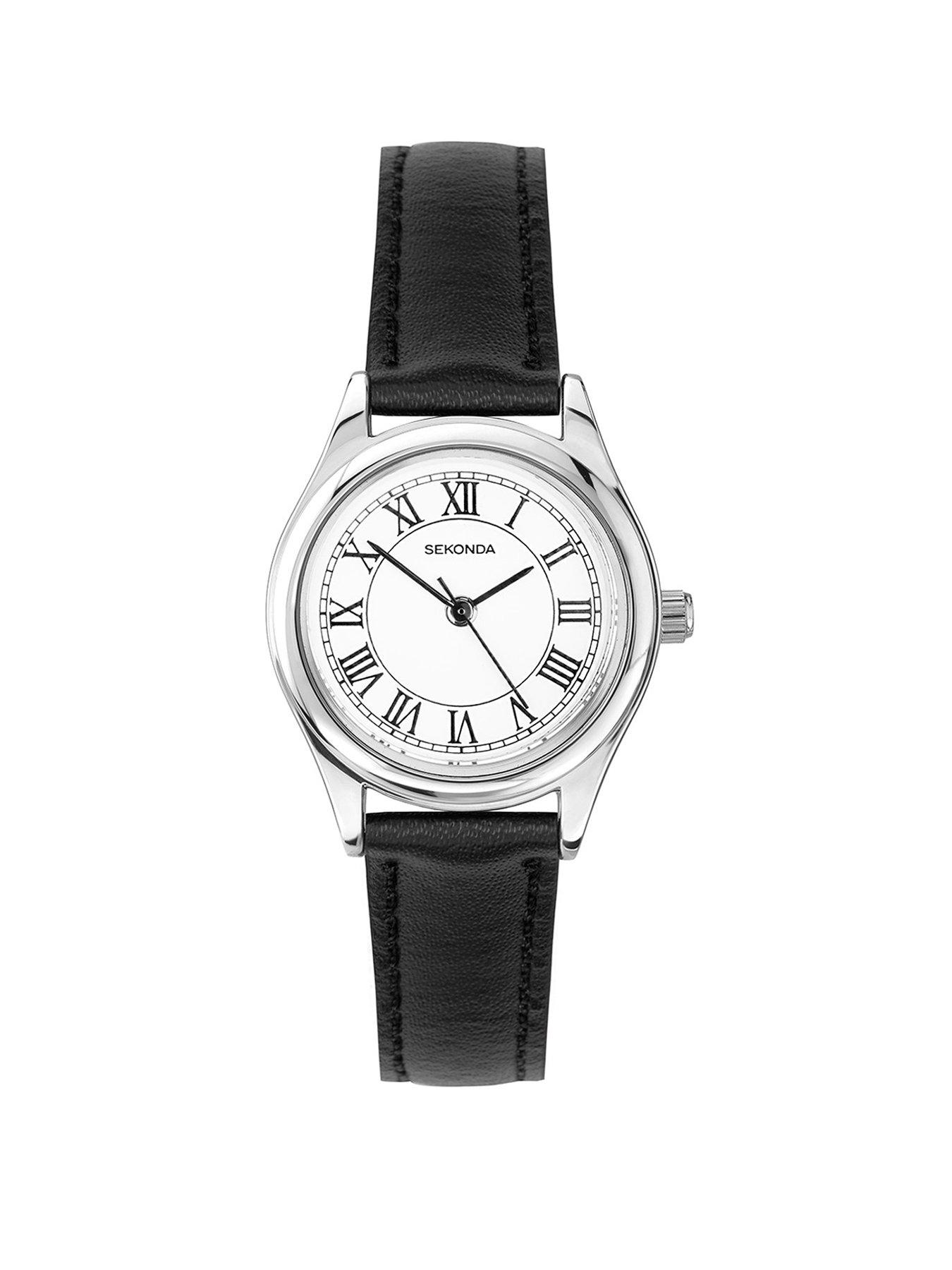undefined Womens Evans Black Leather Strap with White Dial Analogue Watch