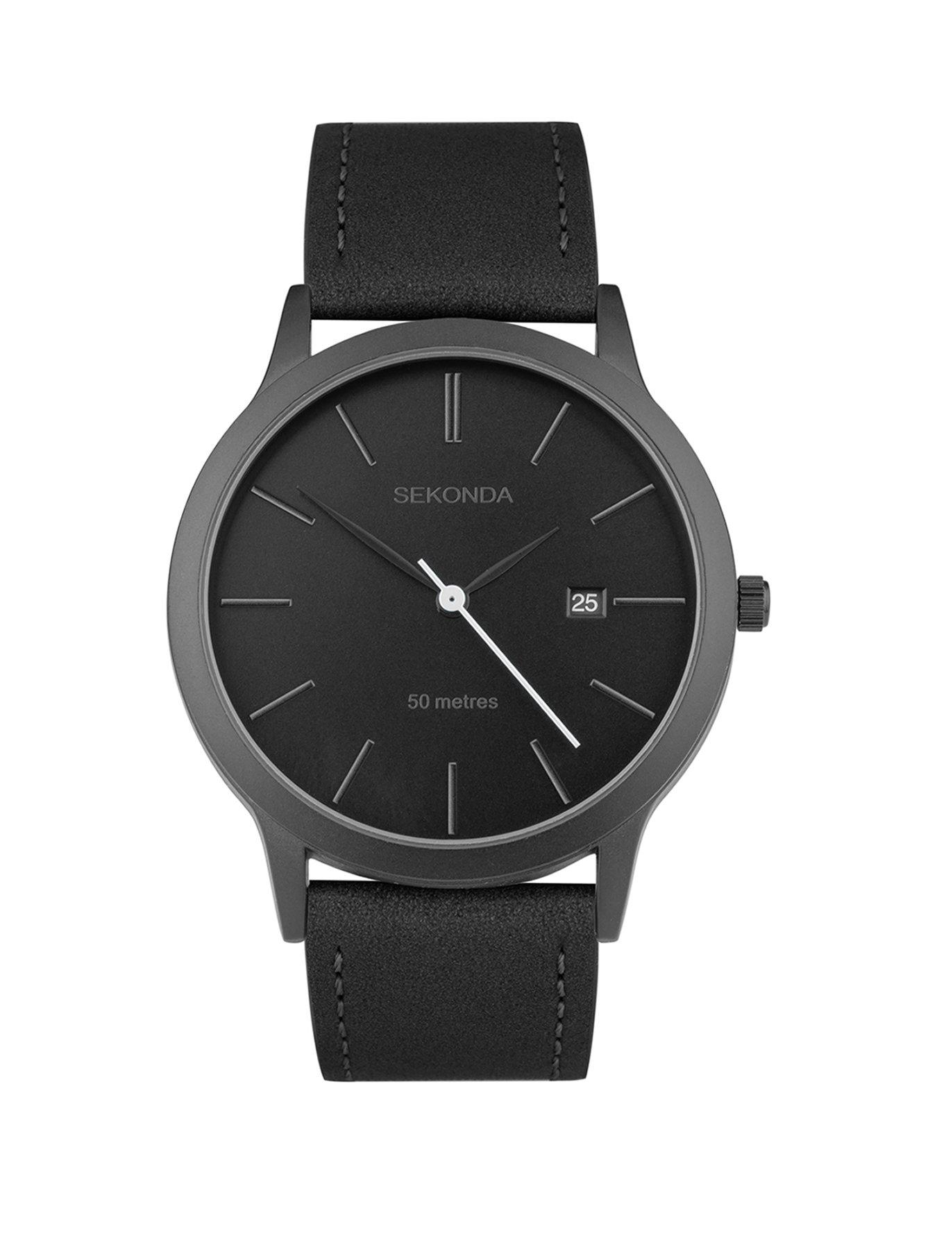 undefined Mens Bergen Black Leather Strap with Black Dial Analogue Watch