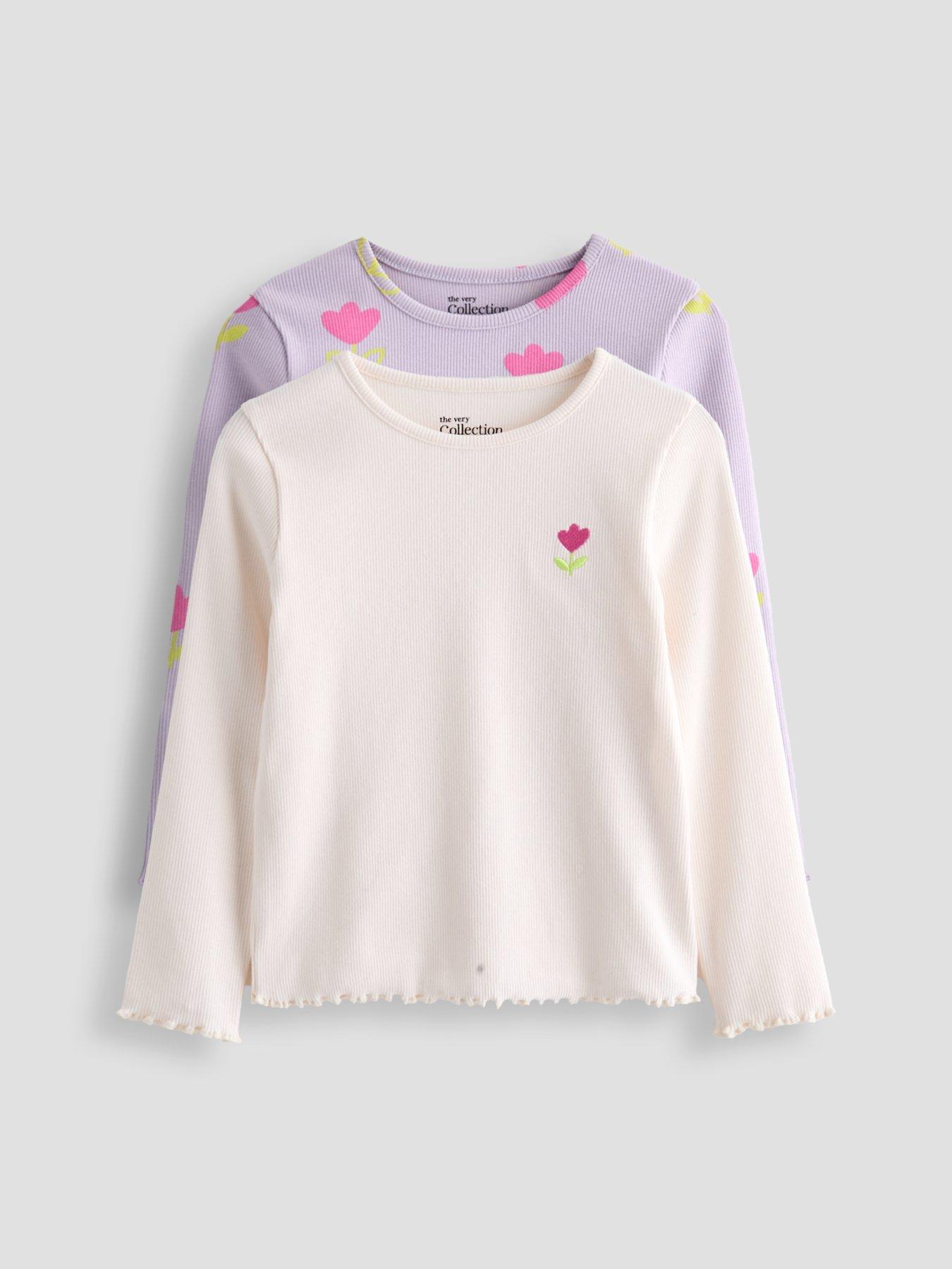 Image 1 of 5 of The Very Collection Girls 2 Pack Tulip Print Ribbed Long Sleeve Tops - Cream/Lilac