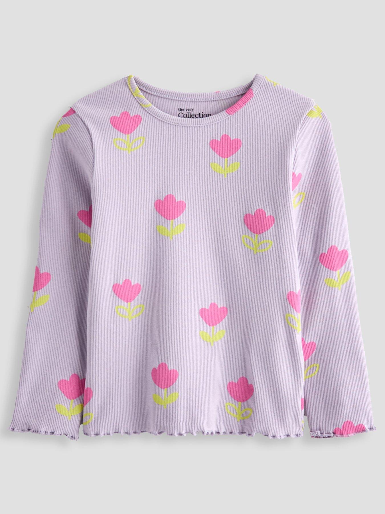 Image 2 of 5 of The Very Collection Girls 2 Pack Tulip Print Ribbed Long Sleeve Tops - Cream/Lilac