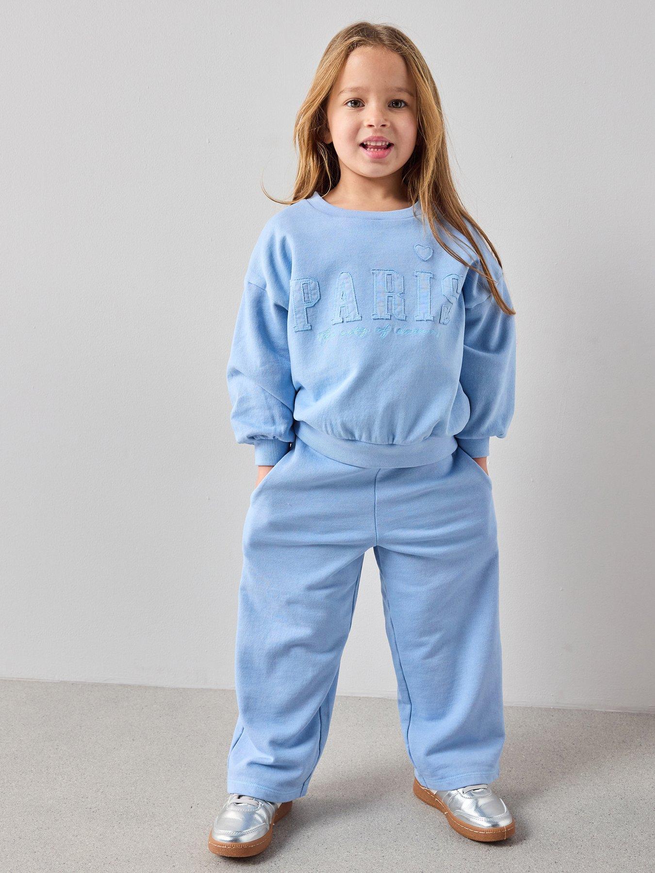 The Very Collection Girls Paris Slogan Acid Wash Sweatshirt and Joggers Set - Blue