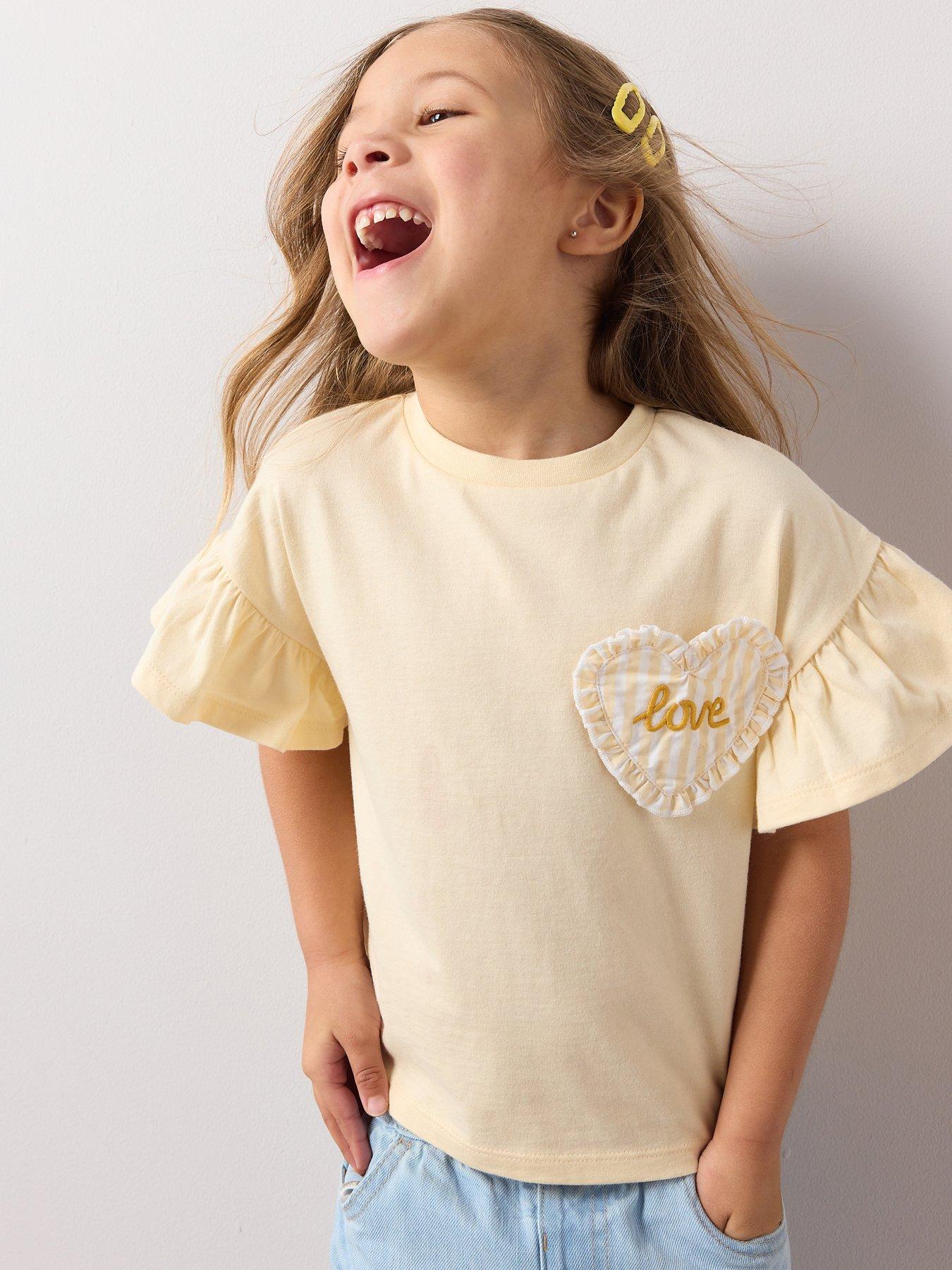 The Very Collection Girls Single Pocket Frill Heart T-Shirt - Yellow