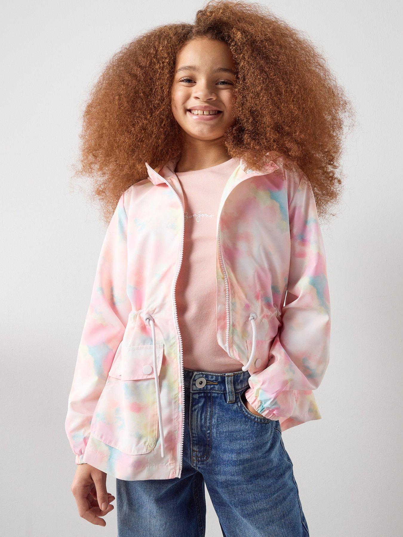 The Very Collection Girls Tie Waist Hooded Rainmac - Tie Dye Print