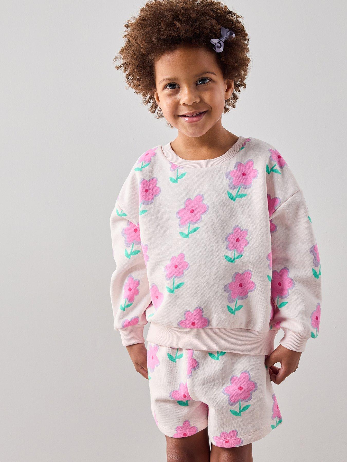 Image 1 of 7 of The Very Collection Girls Floral Print Long Sleeve Sweatshirt &amp; Matching Shorts - Print
