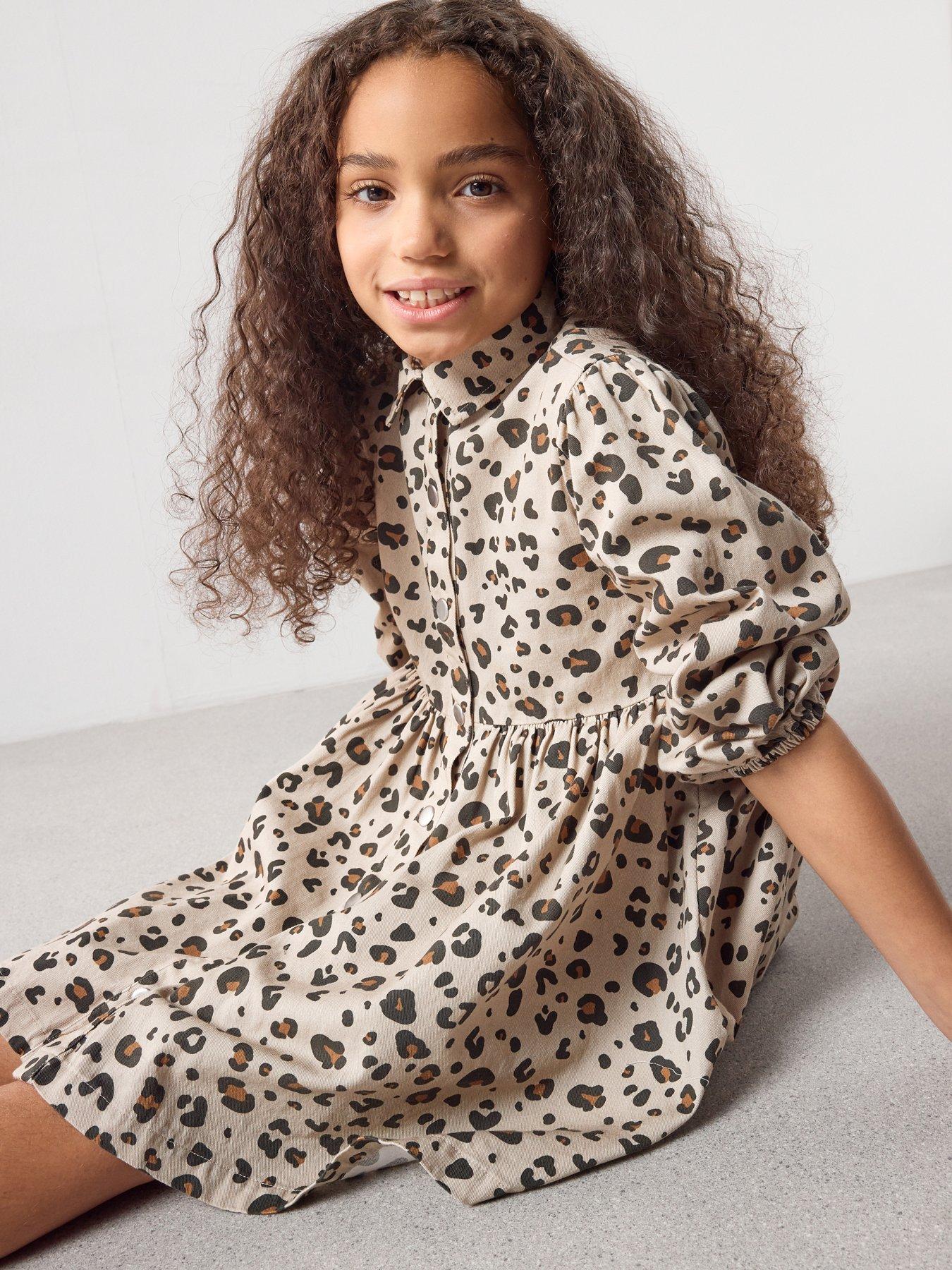Image 1 of 7 of The Very Collection Girls Denim Leopard Shirt Dress - Print