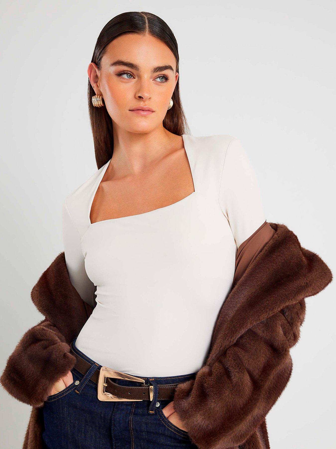  image of river-island-long-sleeve-square-neck-polyamide-body-cream