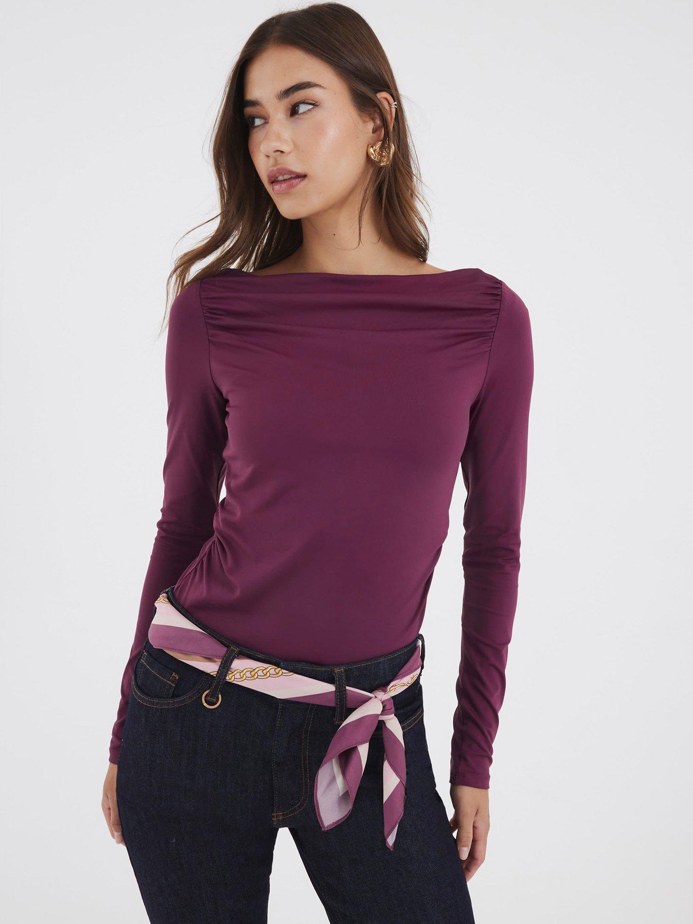 River Island Long Sleeve Polyamide Ruched Drape Top - Purple