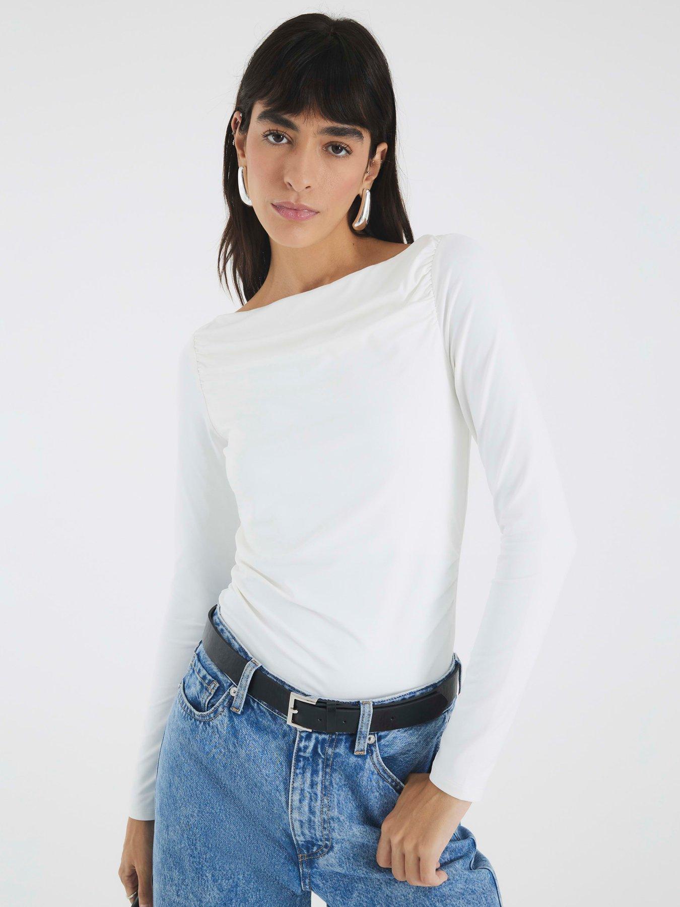 River Island Long Sleeve Polyamide Ruched Drape Top - White