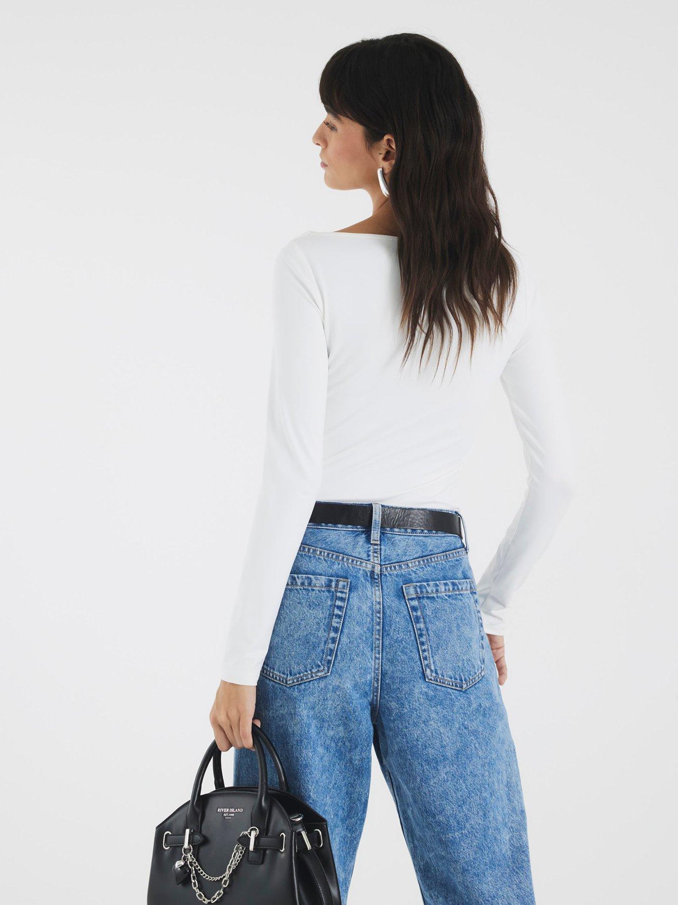 stillFront image of river-island-long-sleeve-polyamide-ruched-drape-top-white