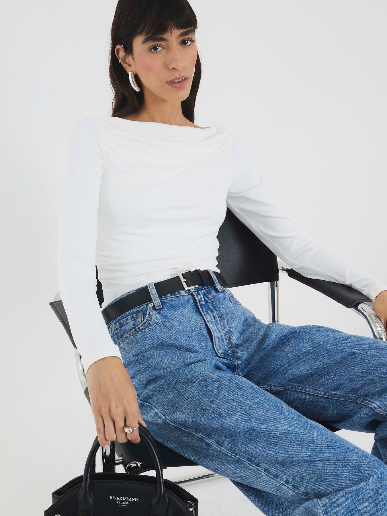  image of river-island-long-sleeve-polyamide-ruched-drape-top-white