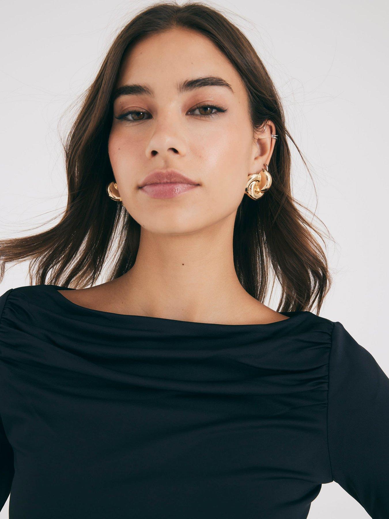  image of river-island-long-sleeve-polyamide-ruched-drape-top-black
