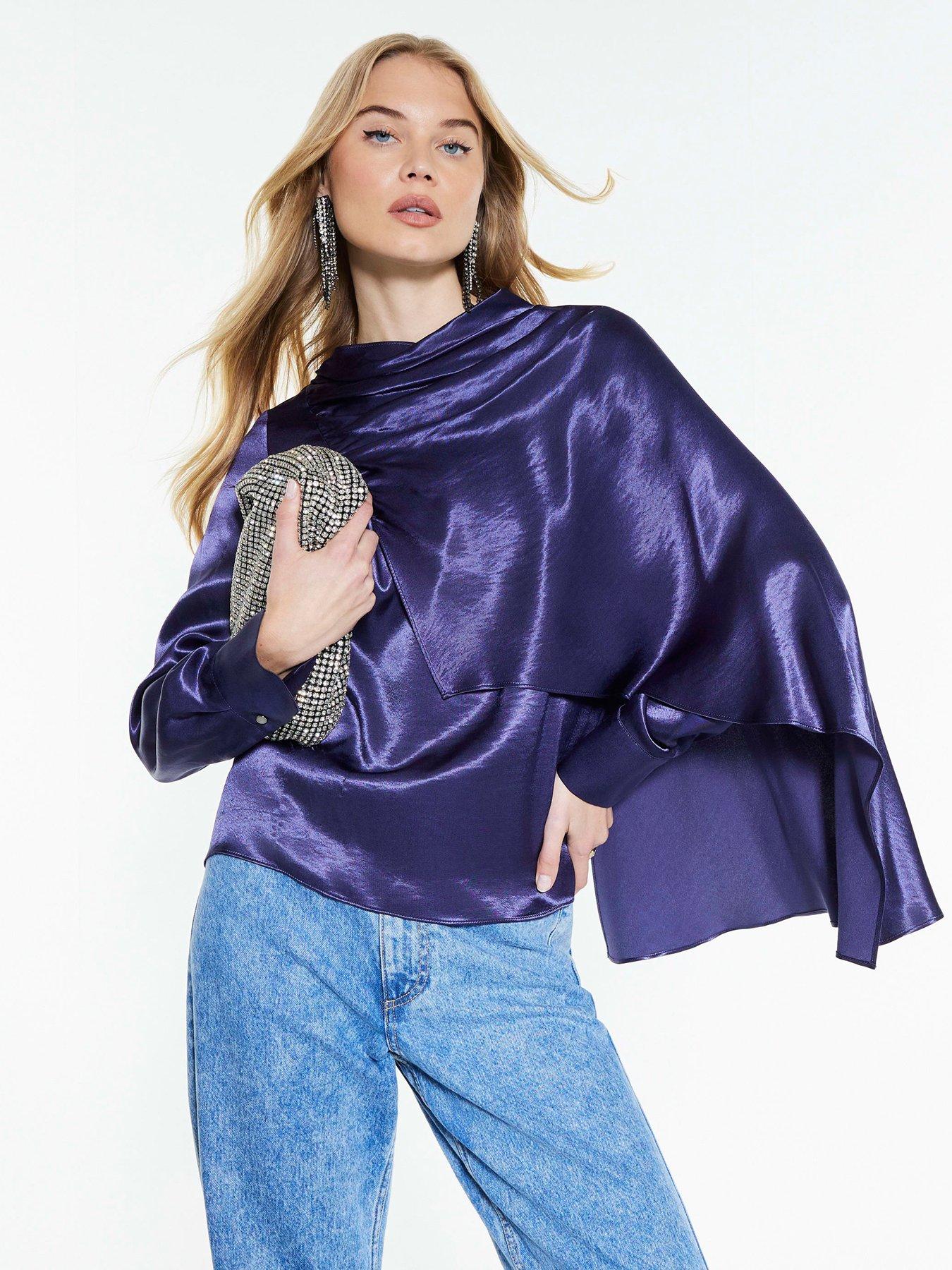 River Island Satin Ruched Cowl Blouse - Blue