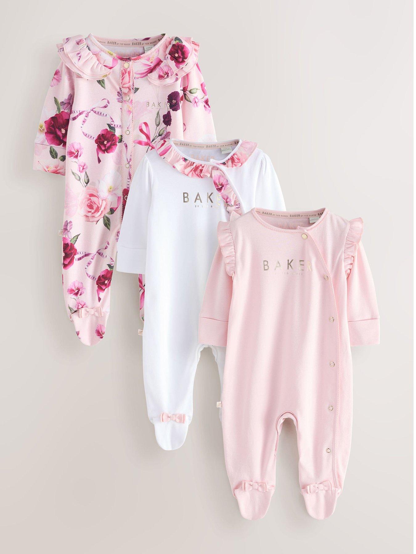 Image 1 of 6 of Ted Baker Baby Girls Pack of 3 Premium Sleepsuits - Pink