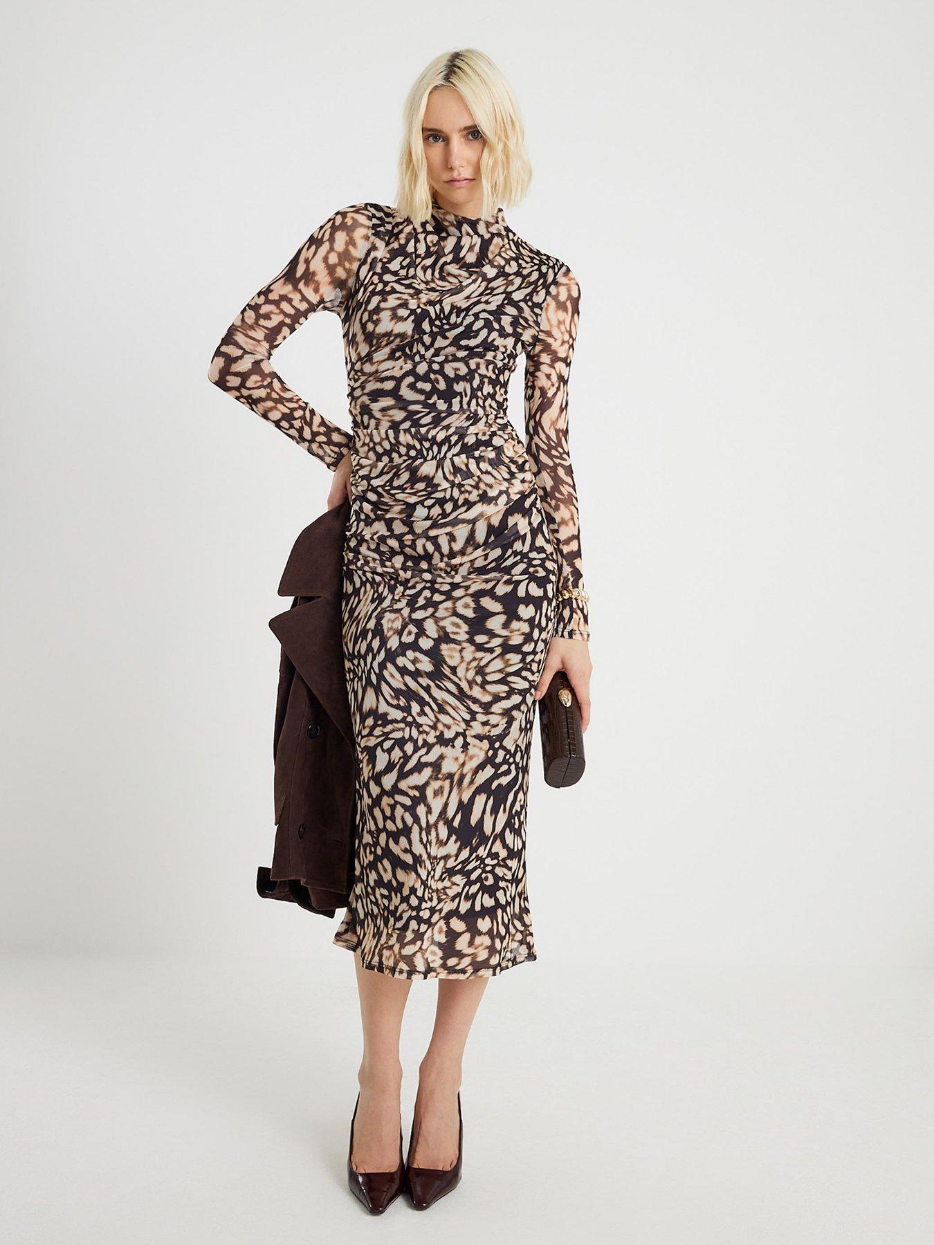 River Island Long Sleeve Animal Print Midi Dress - Black