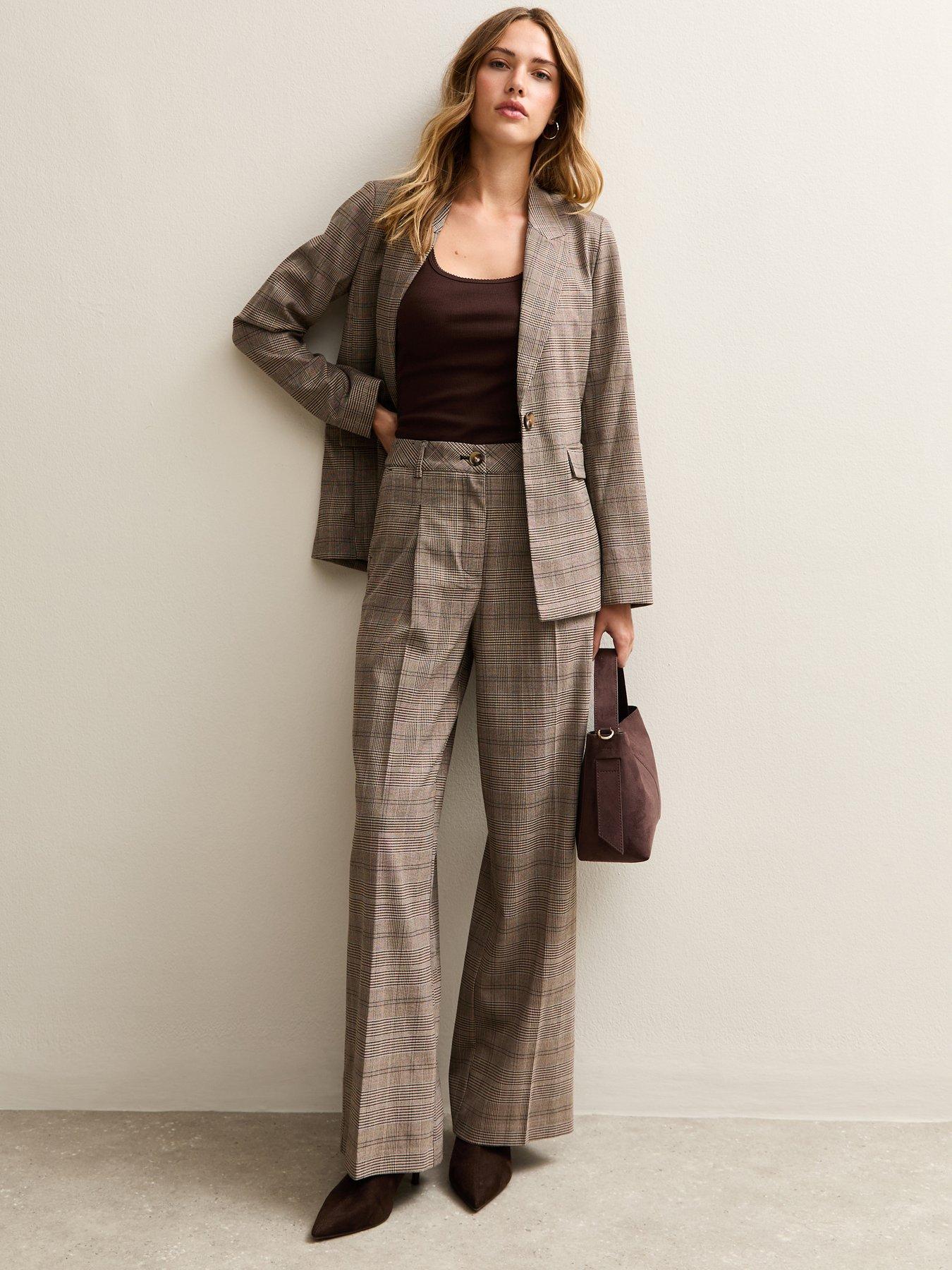  image of new-look-brown-checked-wide-leg-pleat-front-trousers