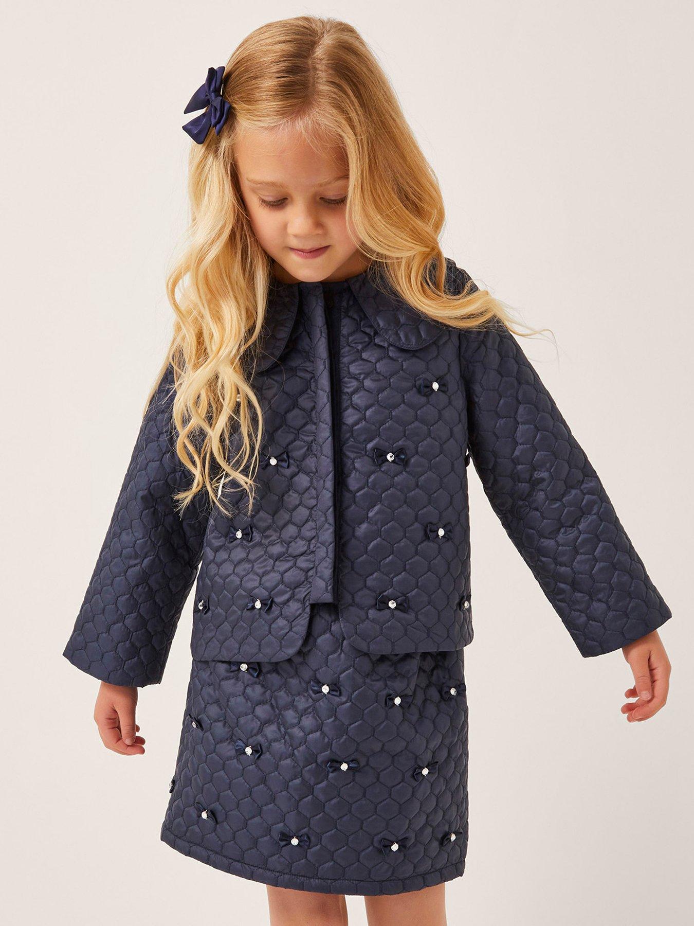 Monsoon Girls Quilted Embroidered Bow Jacket - Navy