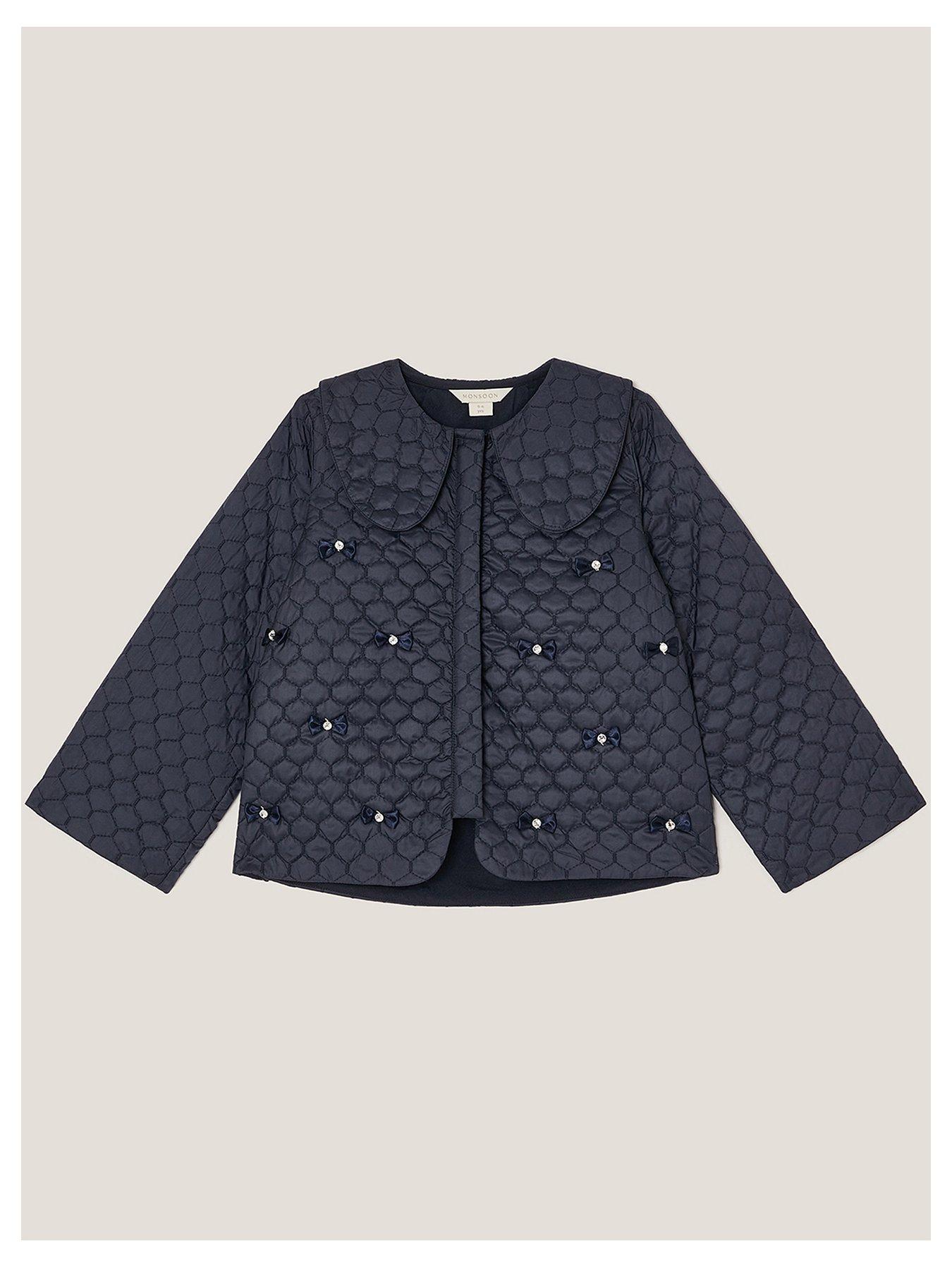 undefined Girls Quilted Embroidered Bow Jacket - Navy