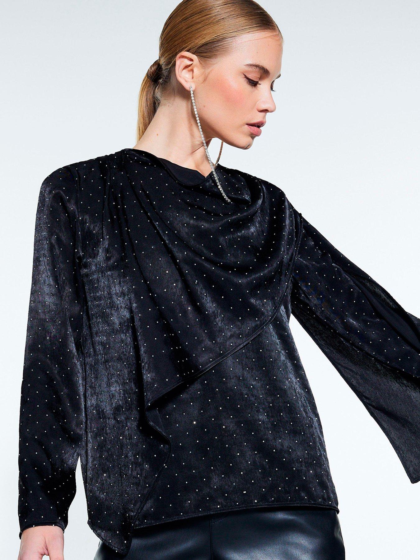 River Island Velvet Cowl Neck Studded Blouse - Black