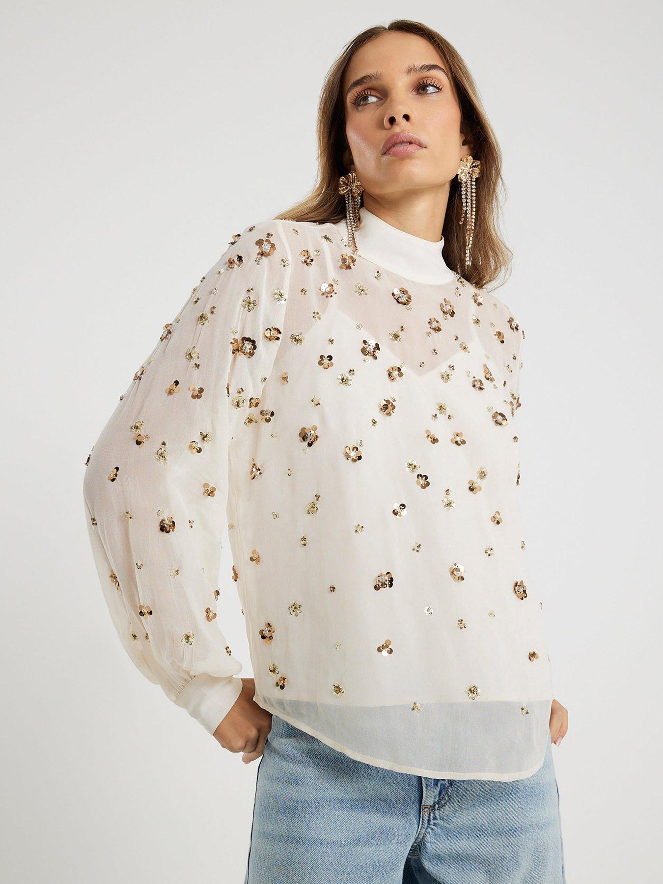 River Island Long Sleeve Embellished Top - White