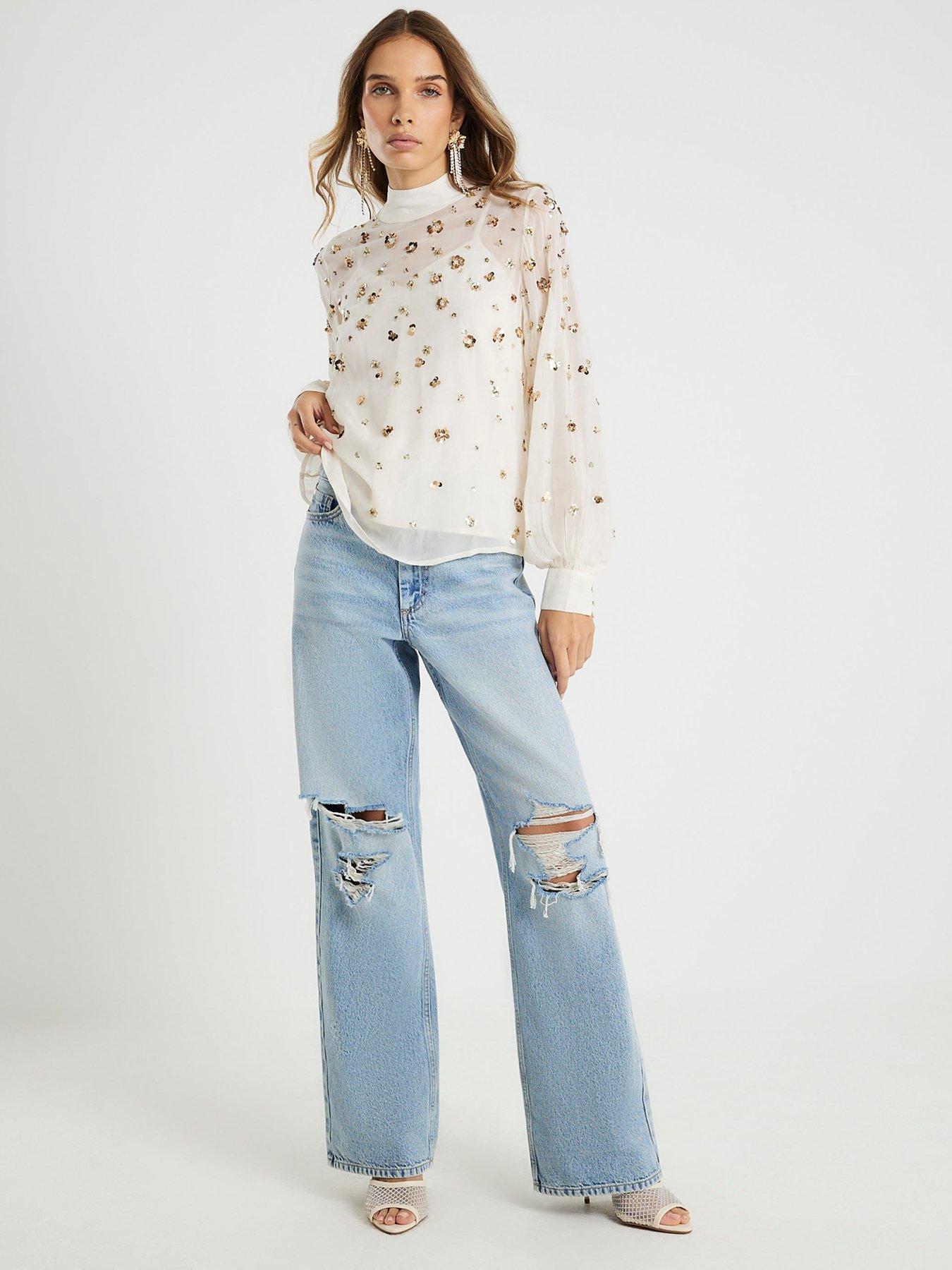  image of river-island-long-sleeve-embellished-top-white