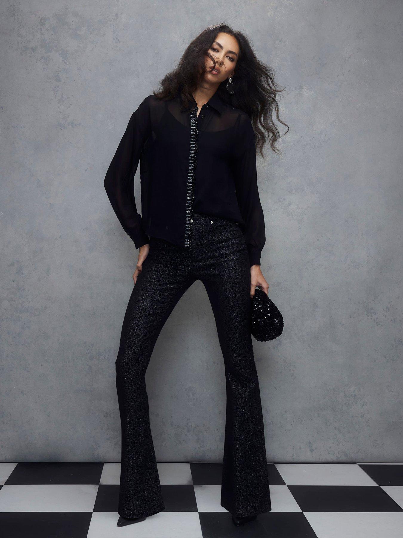  image of river-island-embellished-trim-chiffon-shirt-black