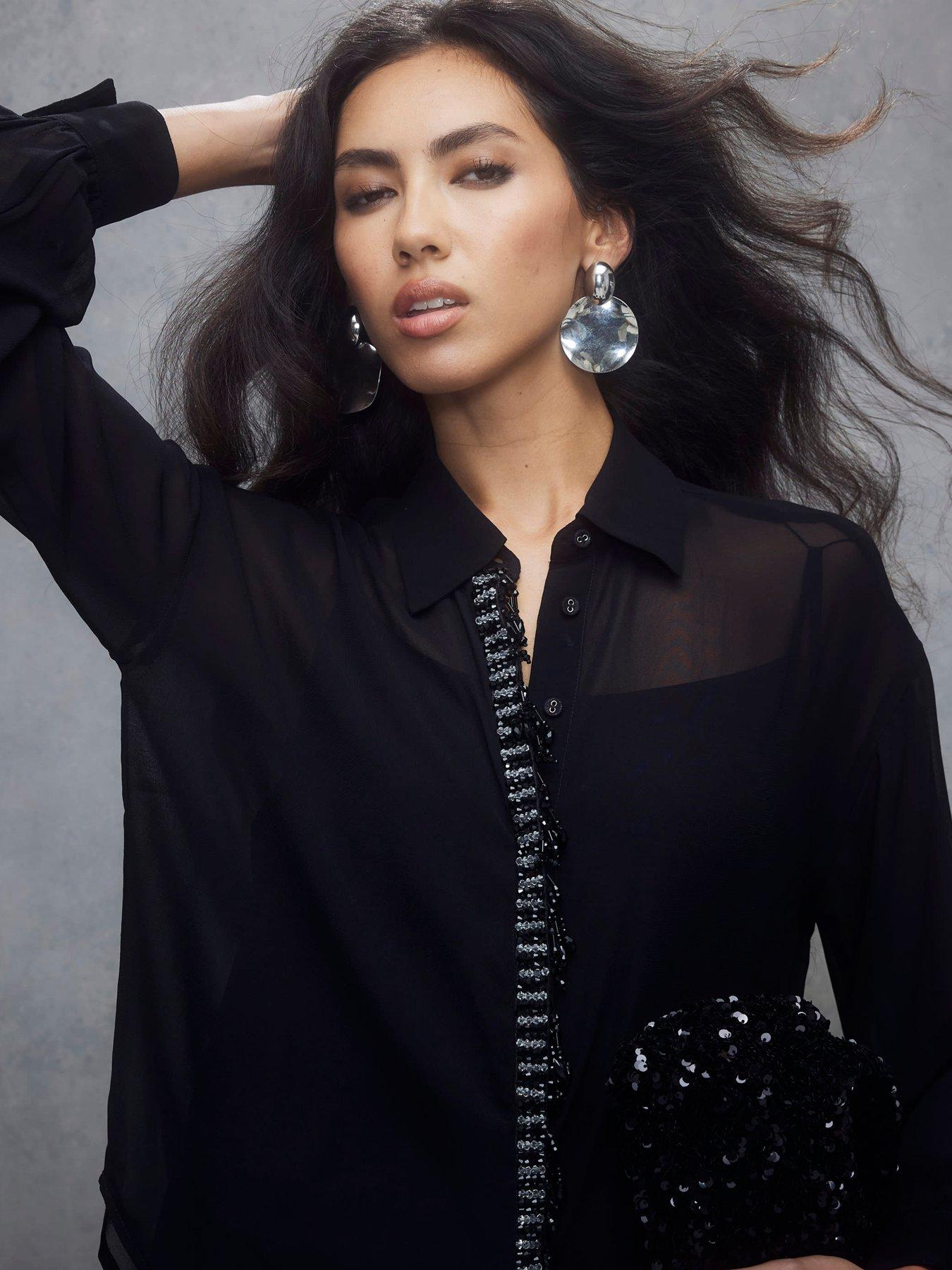  image of river-island-embellished-trim-chiffon-shirt-black