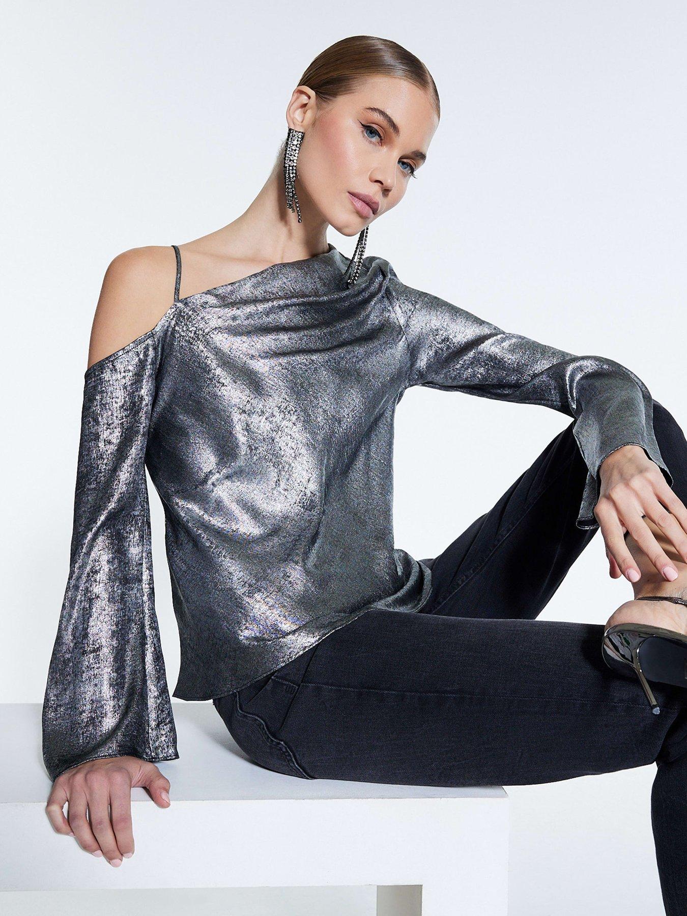  image of river-island-metallic-one-shoulder-top-silver