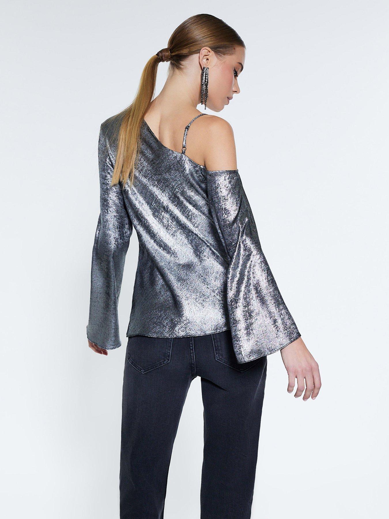  image of river-island-metallic-one-shoulder-top-silver