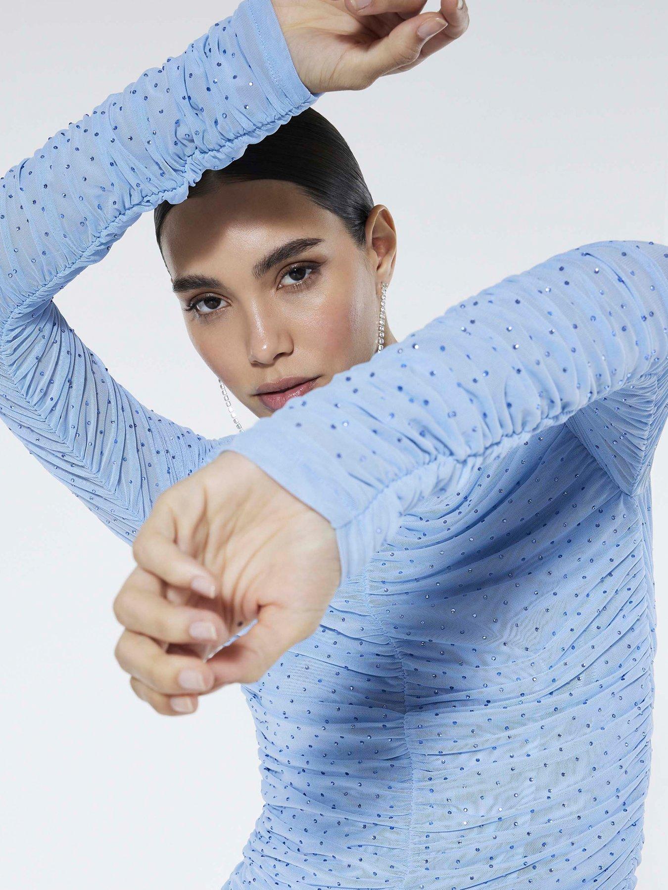 Image 4 of 4 of River Island Long Sleeve Hotfix Ruched Top - Blue
