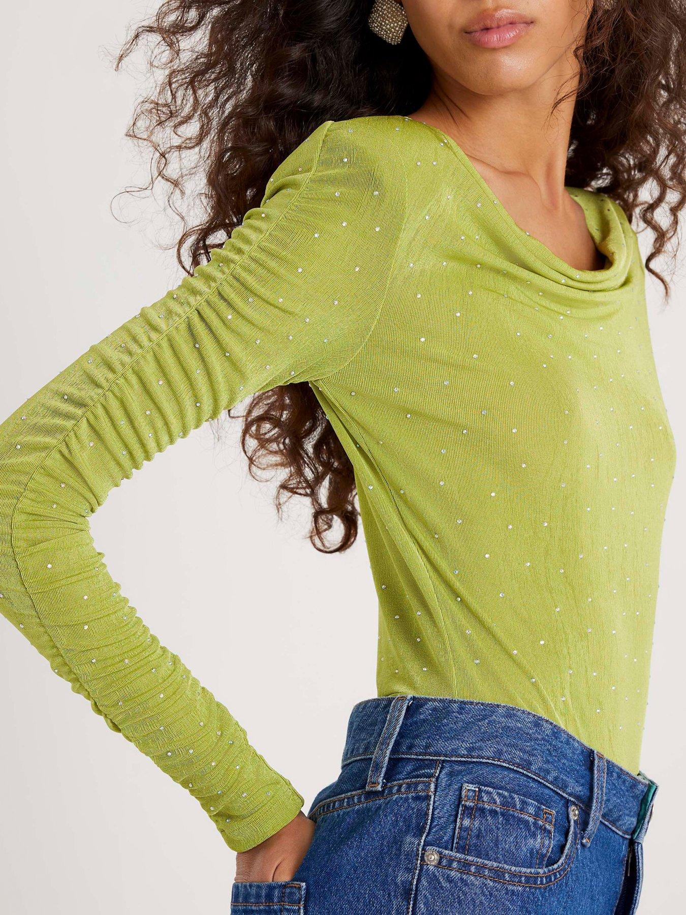  image of river-island-long-sleeve-hotfix-ruched-sleeve-body-green
