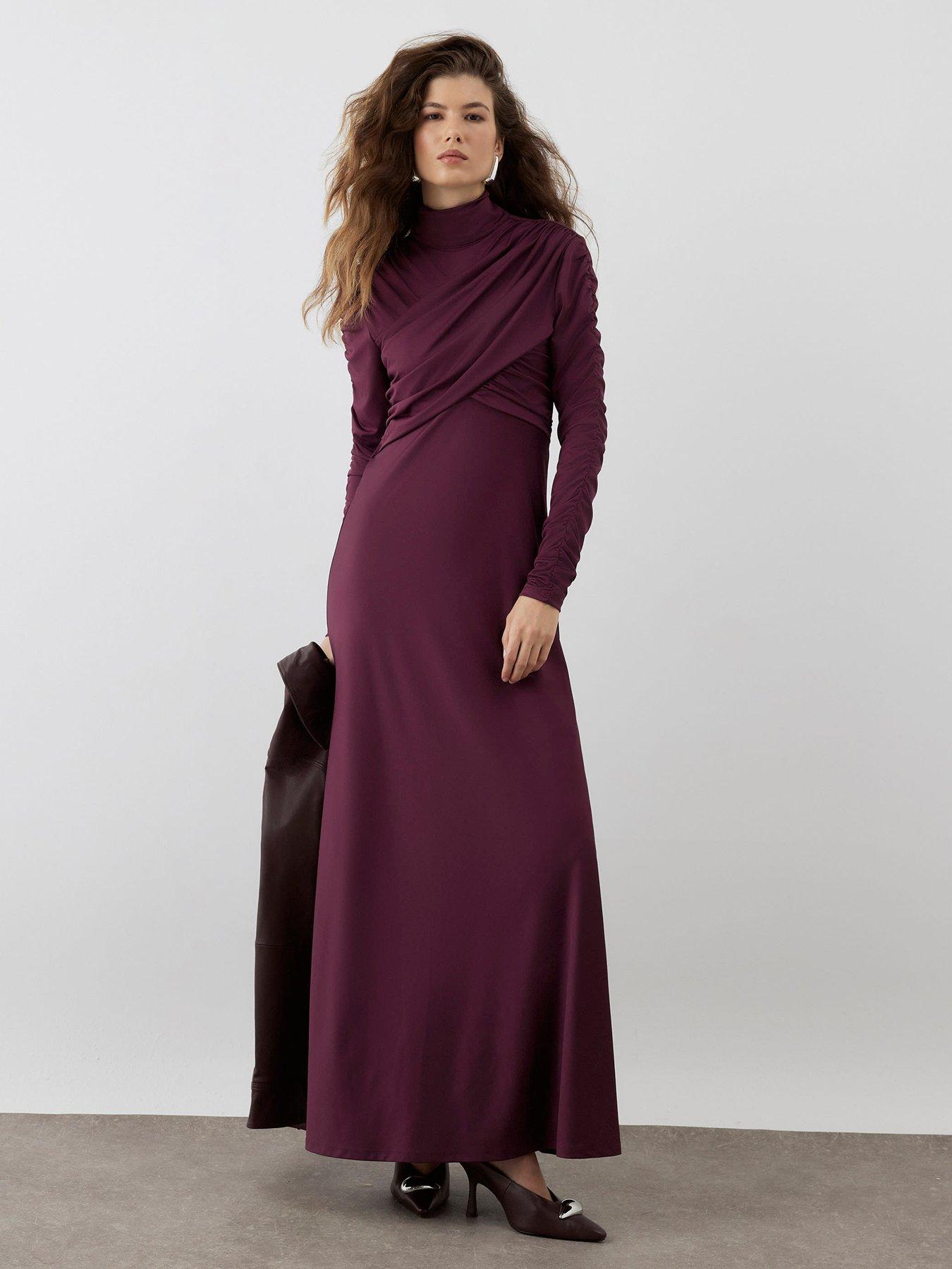 Image 1 of 3 of River Island Ri Studio Ruch Detail Long Sleeve Maxi - Purple