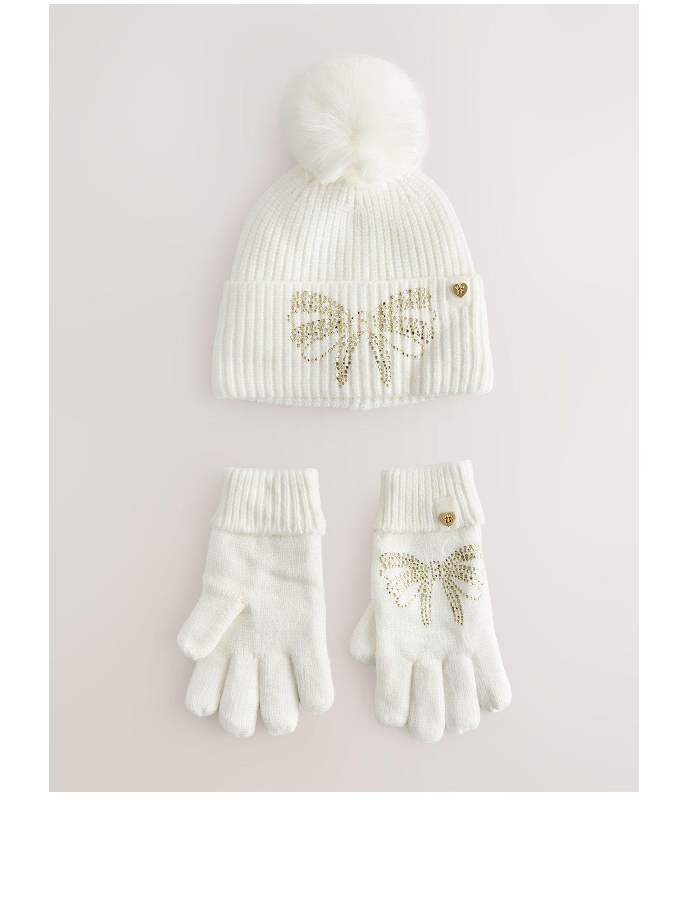  image of ted-baker-older-girls-diamante-pom-hat-set-cream