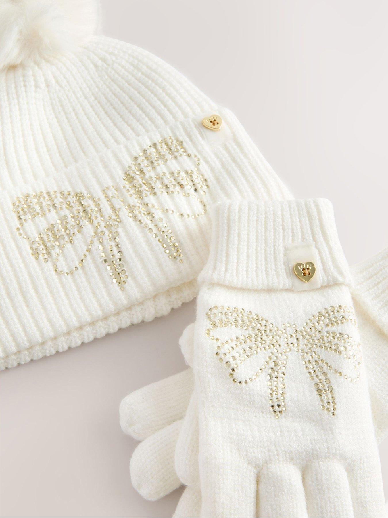  image of ted-baker-older-girls-diamante-pom-hat-set-cream