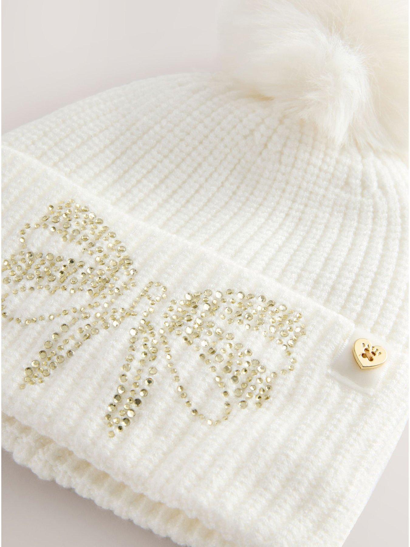  image of ted-baker-older-girls-diamante-pom-hat-set-cream
