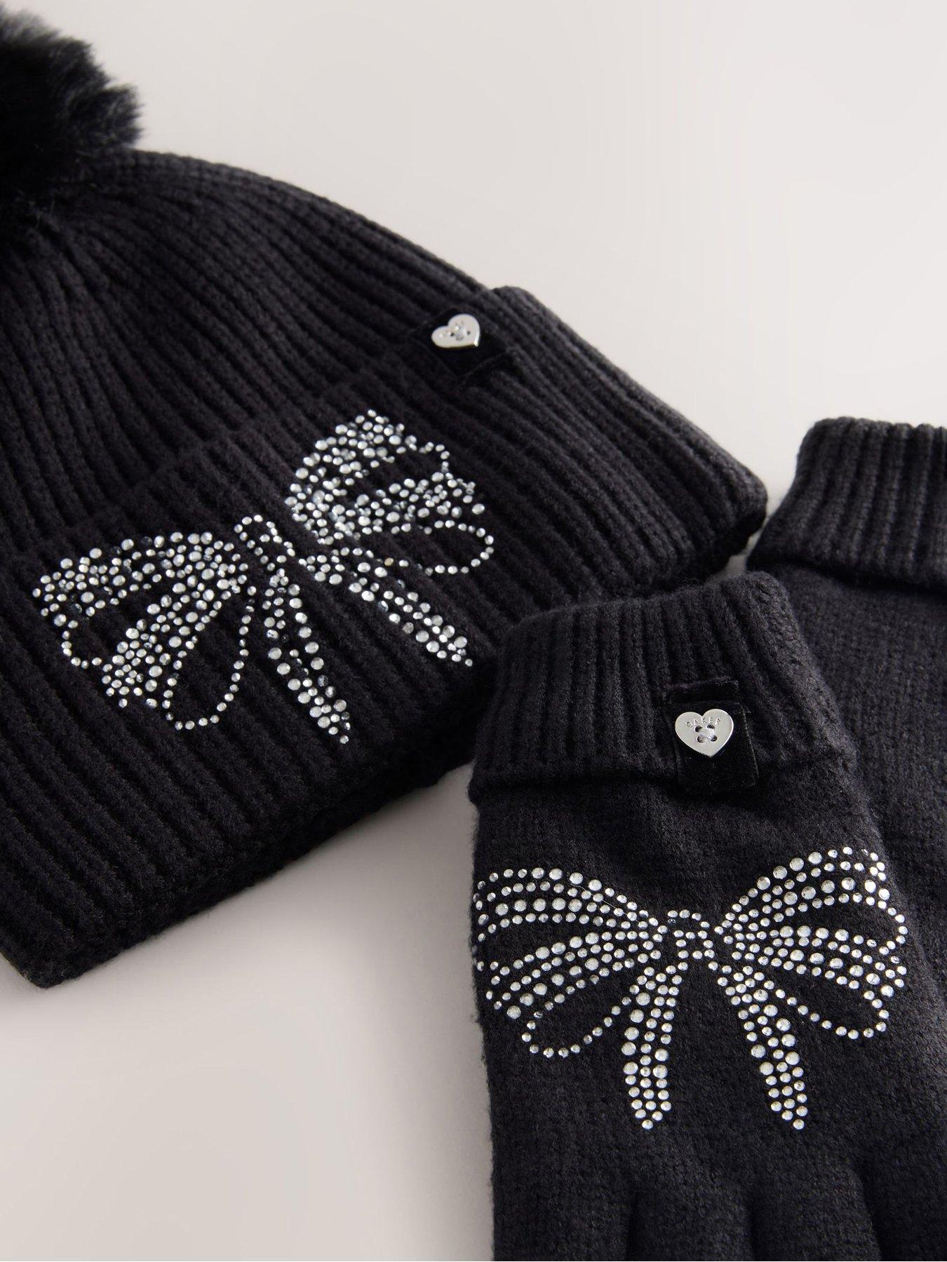 stillFront image of ted-baker-older-girls-diamante-pom-hat-set-black