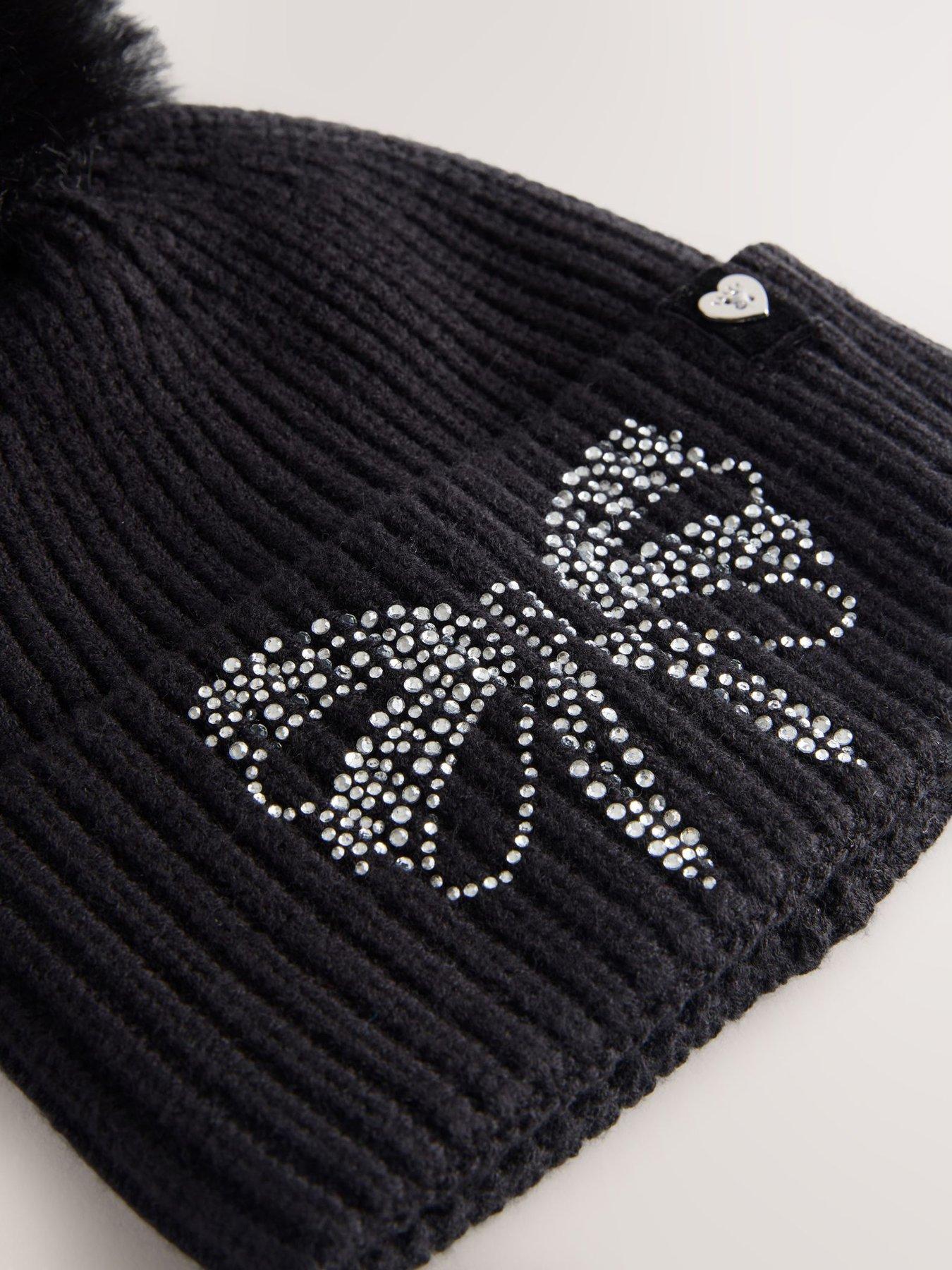  image of ted-baker-older-girls-diamante-pom-hat-set-black