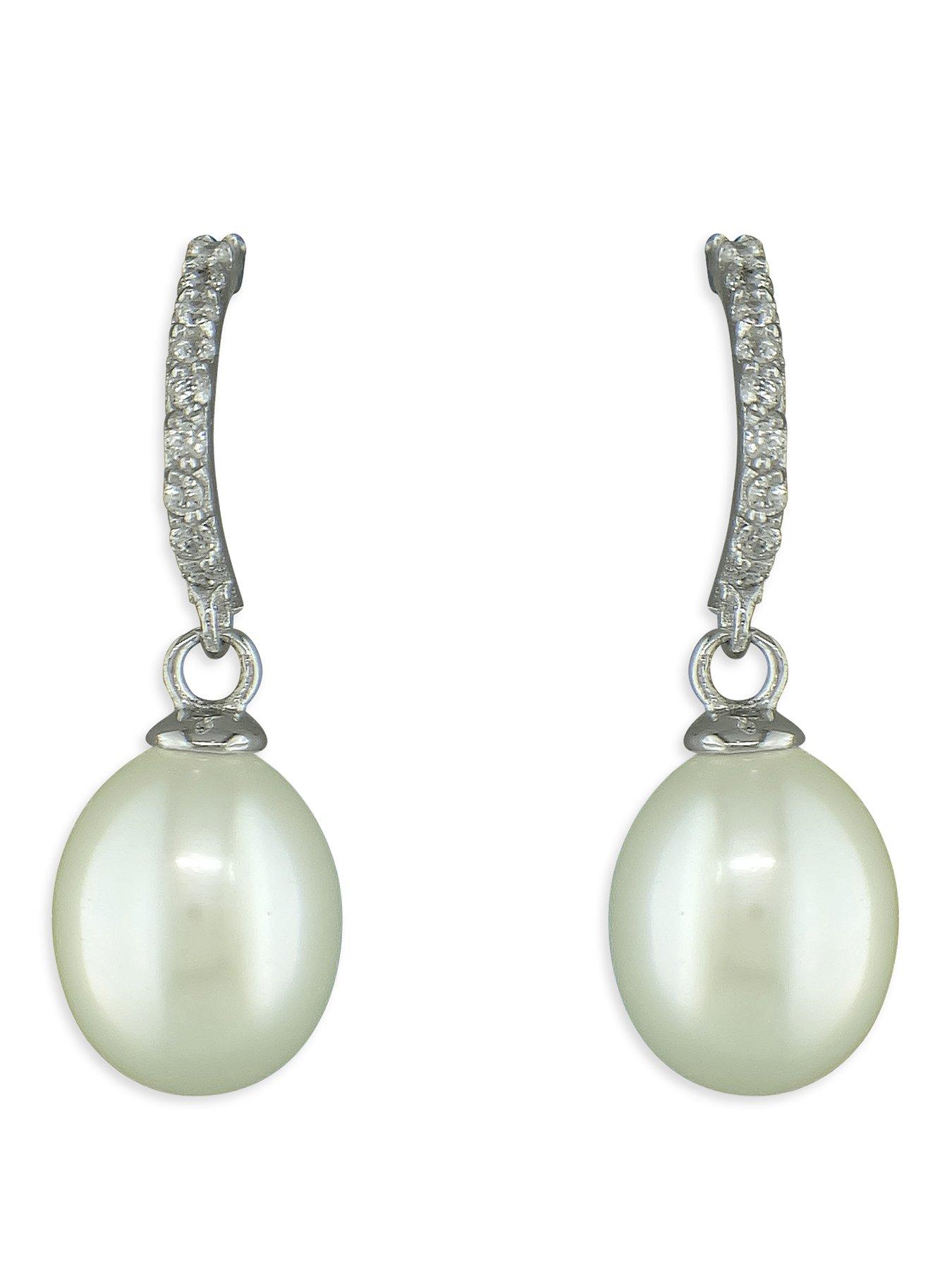 undefined Sterling Silver Cultured Freshwater Pearl  &  Cubic Zirconia Half Hoop Drop Earrings