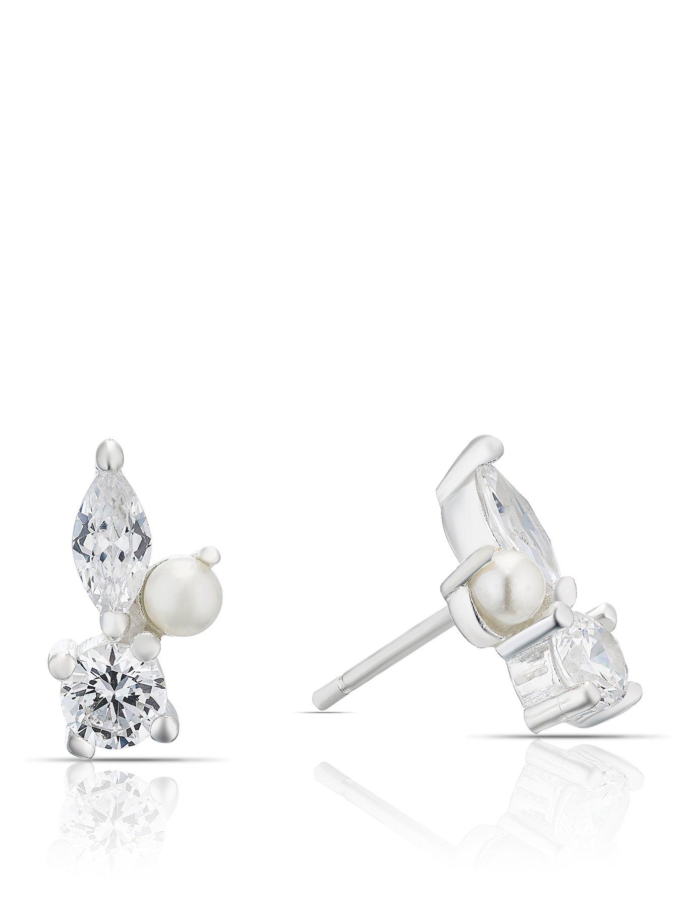 H. Samuel Sterling Silver CZ  &  Pearl Cluster Stud Earrings